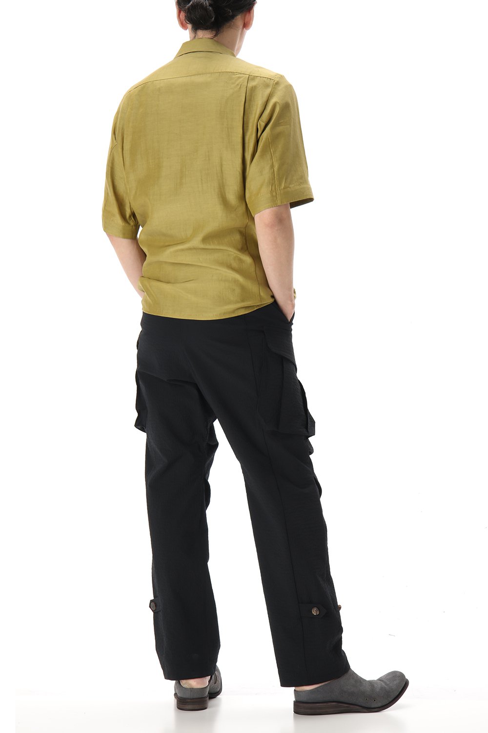 Open collar short sleeve shirt silk tencel sandblast Dirty Yellow