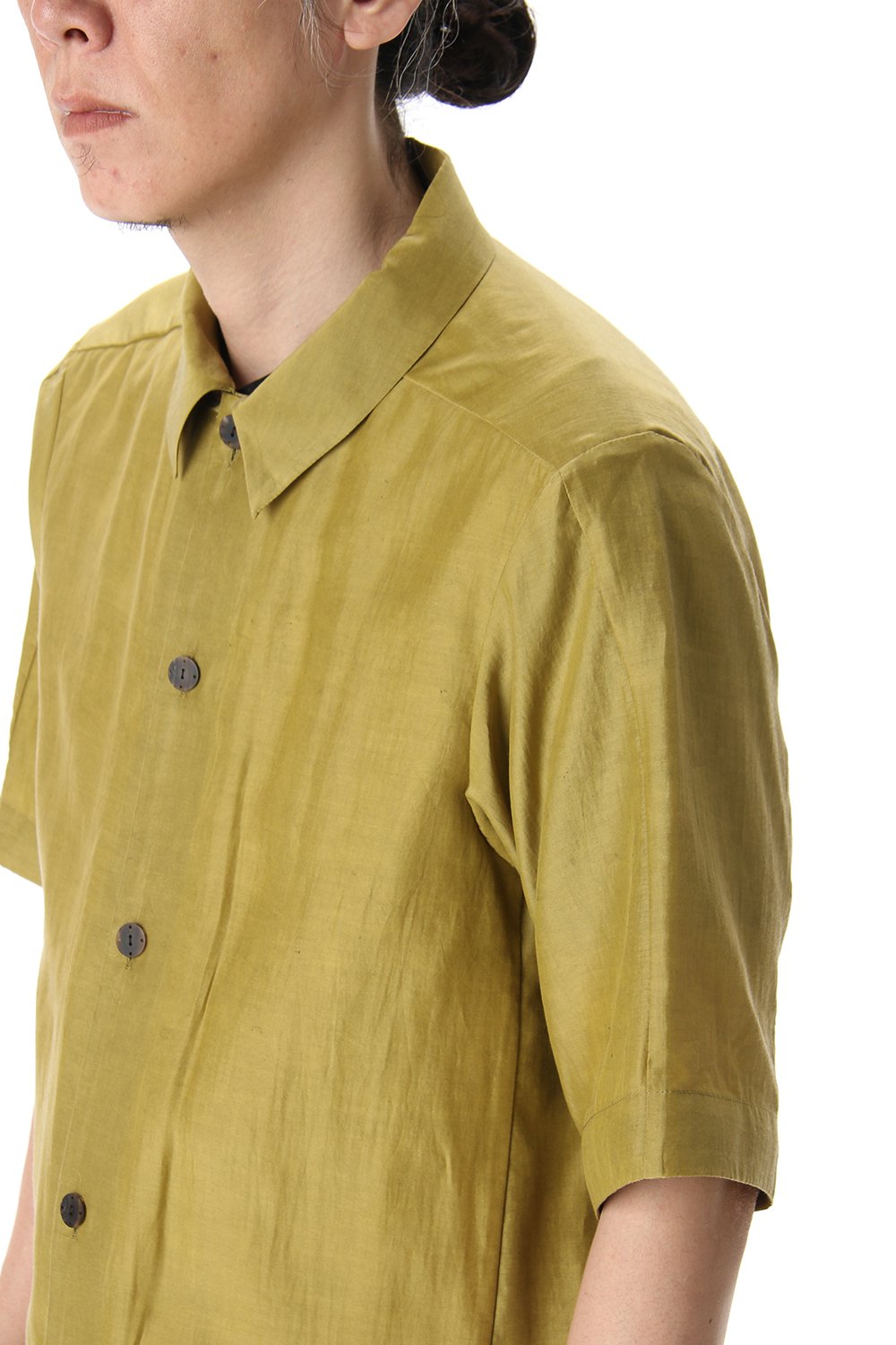 Open collar short sleeve shirt silk tencel sandblast Dirty Yellow