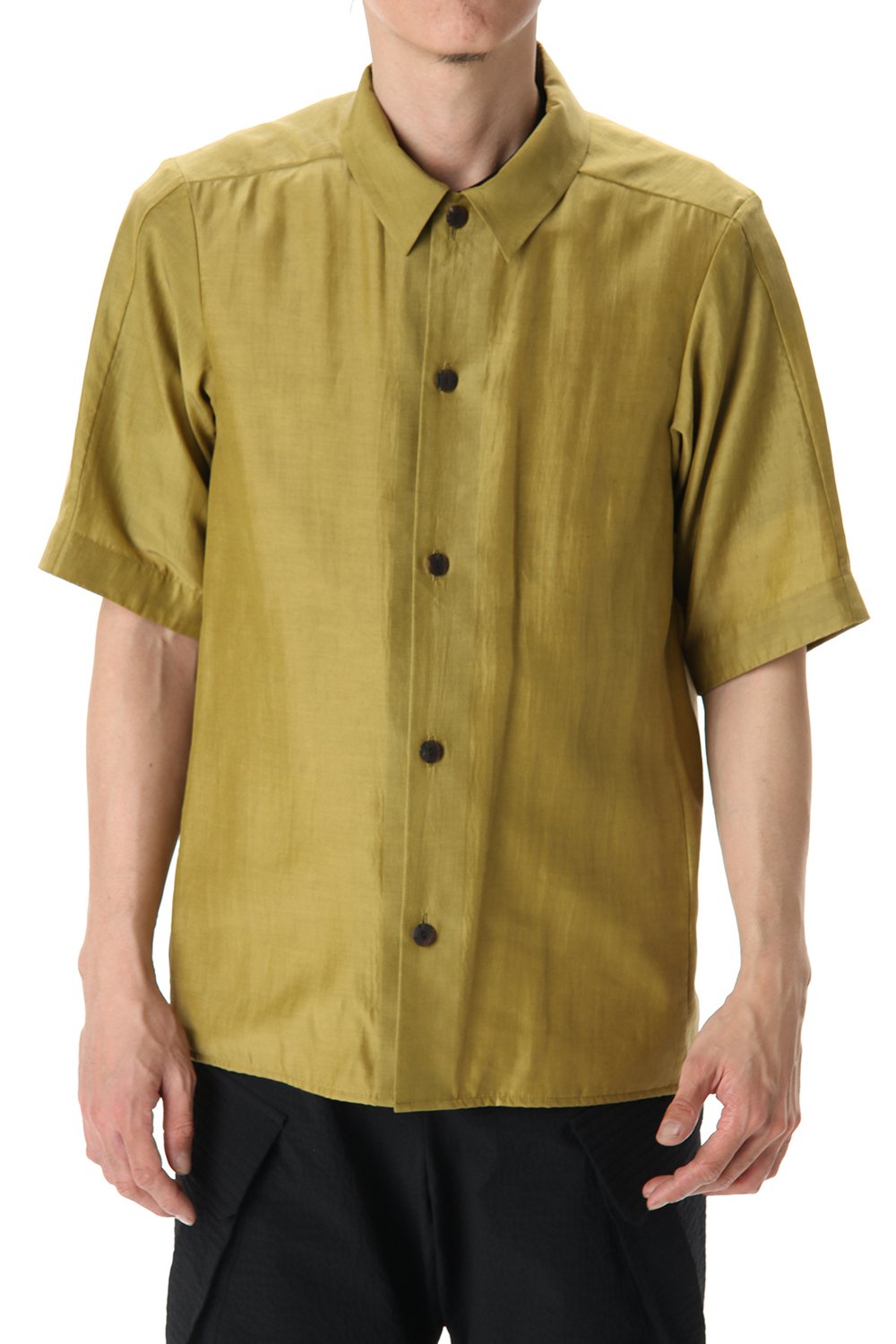 Open collar short sleeve shirt silk tencel sandblast Dirty Yellow