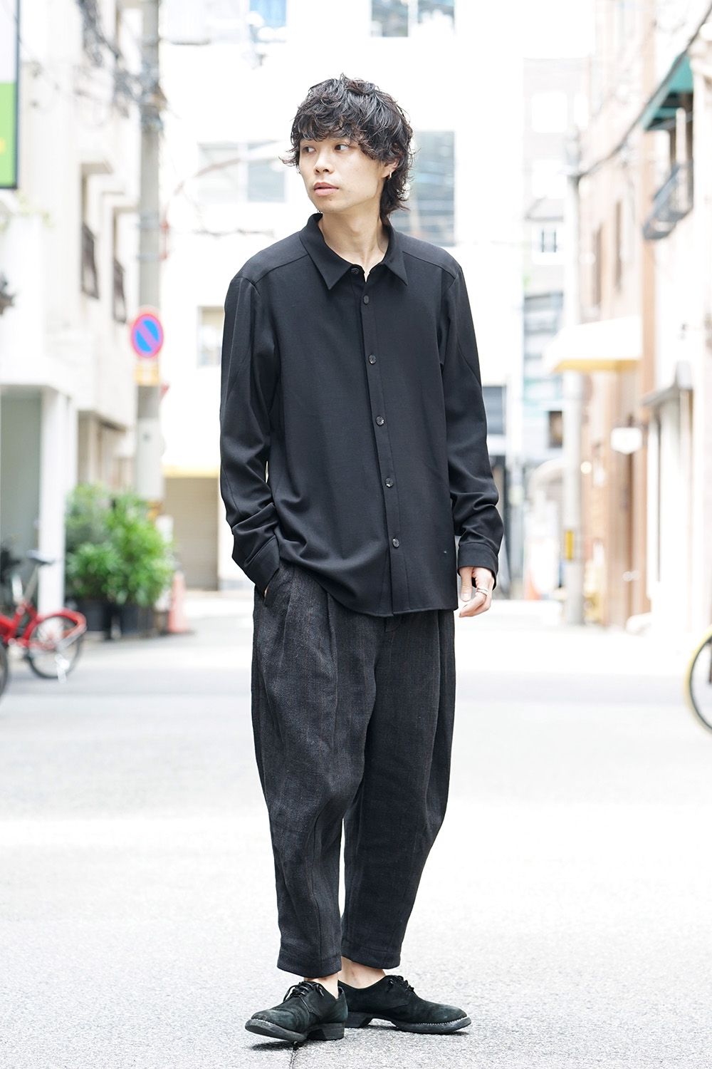 Shirt virgin wool 4way stretch Black