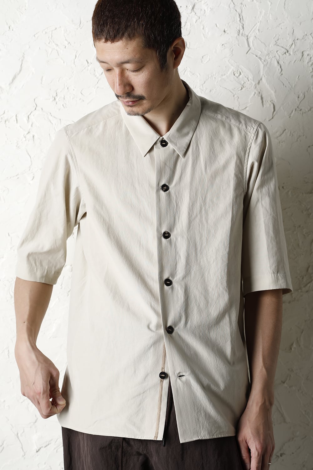 Short sleeve shirt silk/cotton broad sandblast finish Light Beige