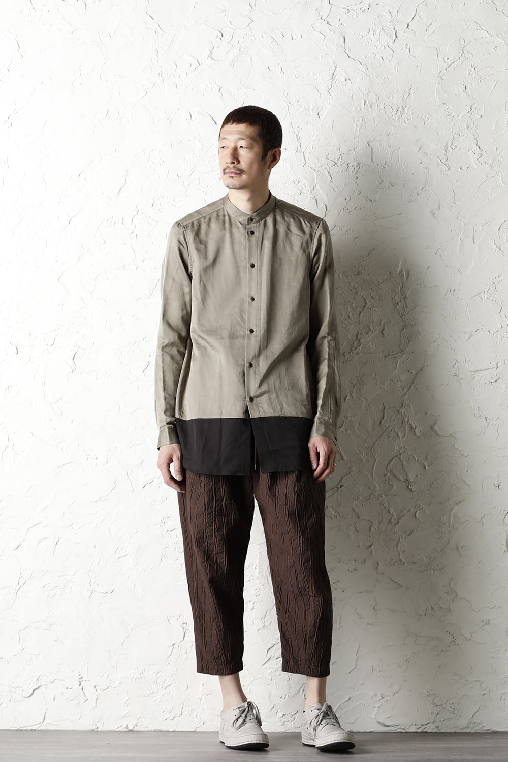 Shirt silk/wool satin sandblast finish Sand Beige Combi