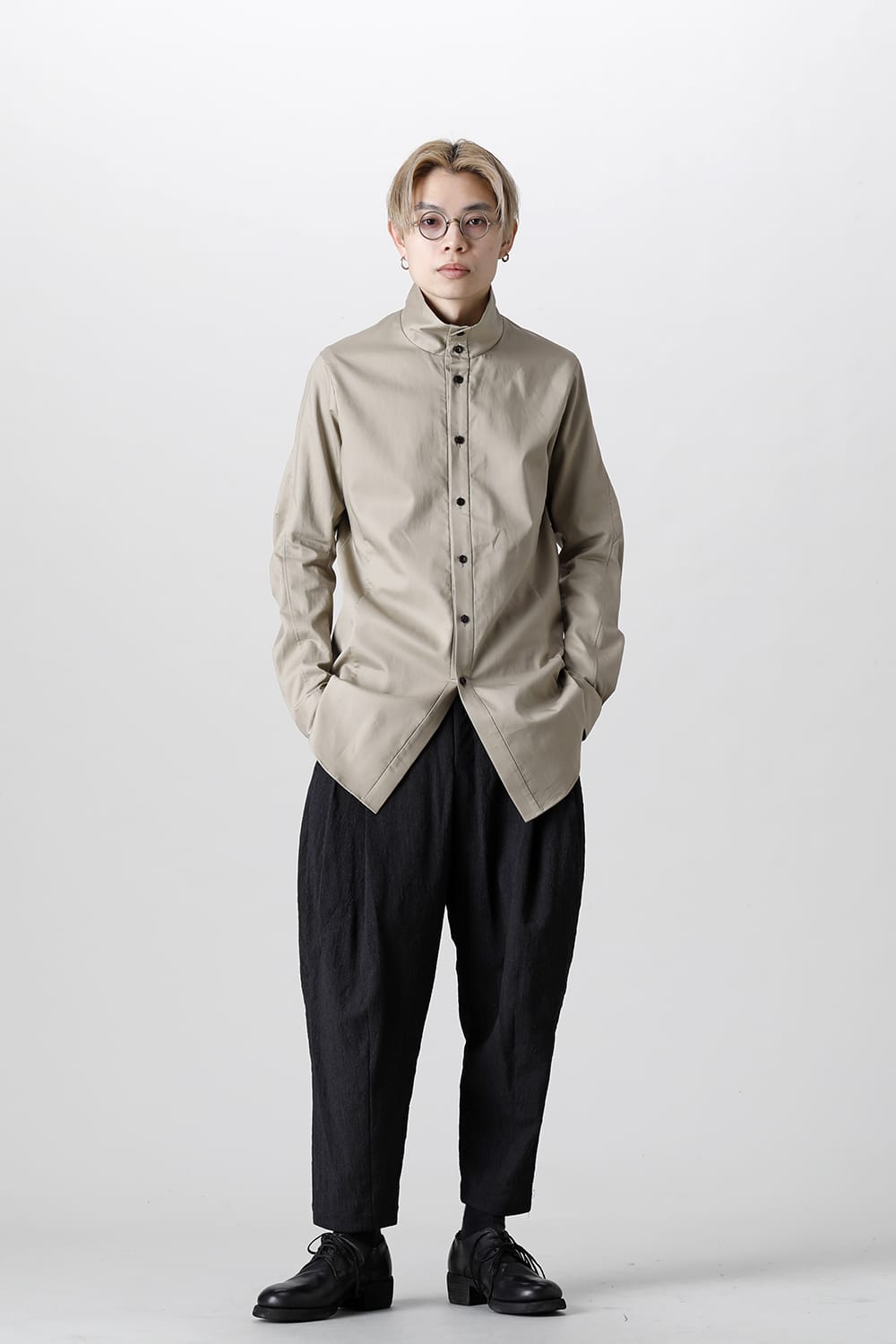 Hight neck shirt 200/2 cotton double weave  Beige Gray