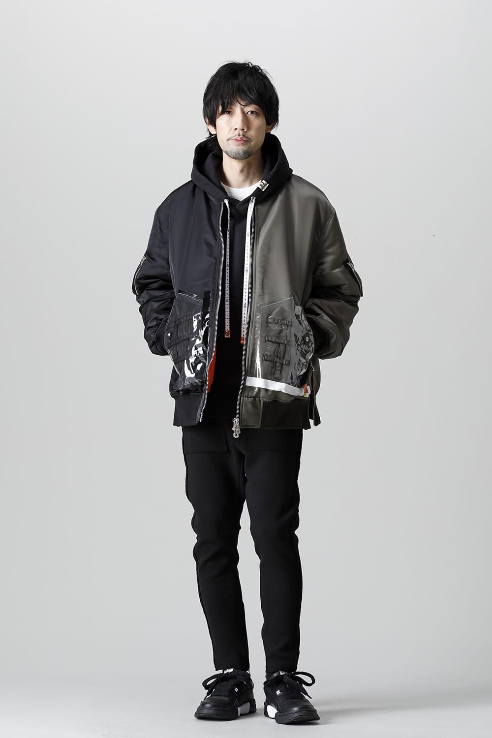 Oversized Two-tone Flight jacket. Olive x Black