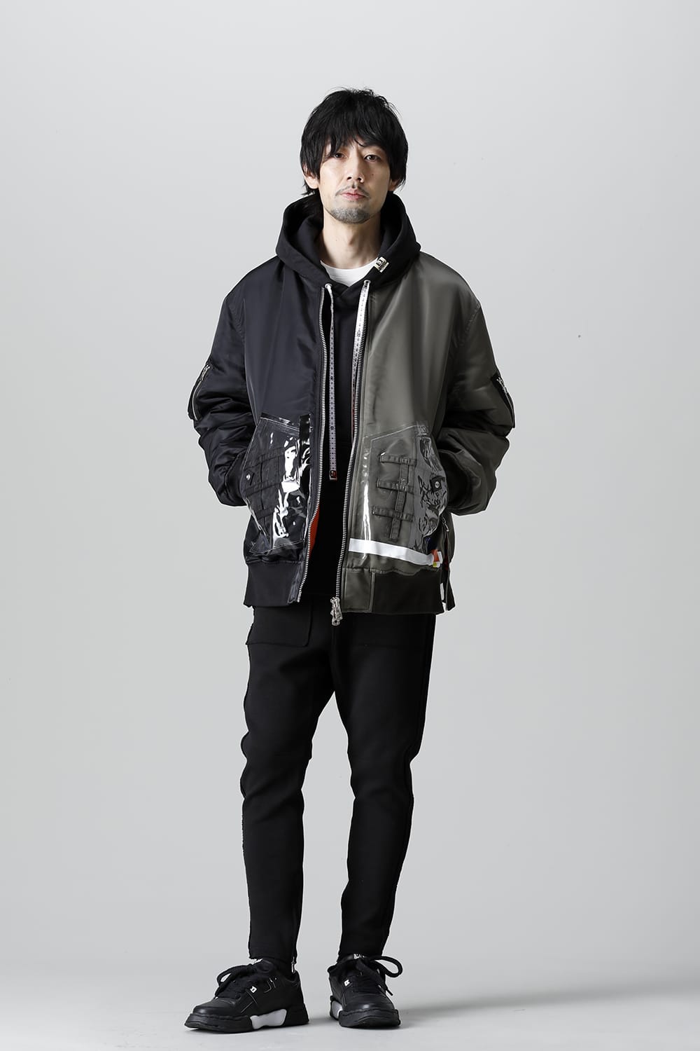 Oversized Two-tone Flight jacket. Olive x Black