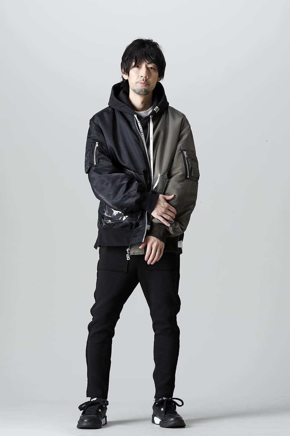 Oversized Two-tone Flight jacket. Olive x Black