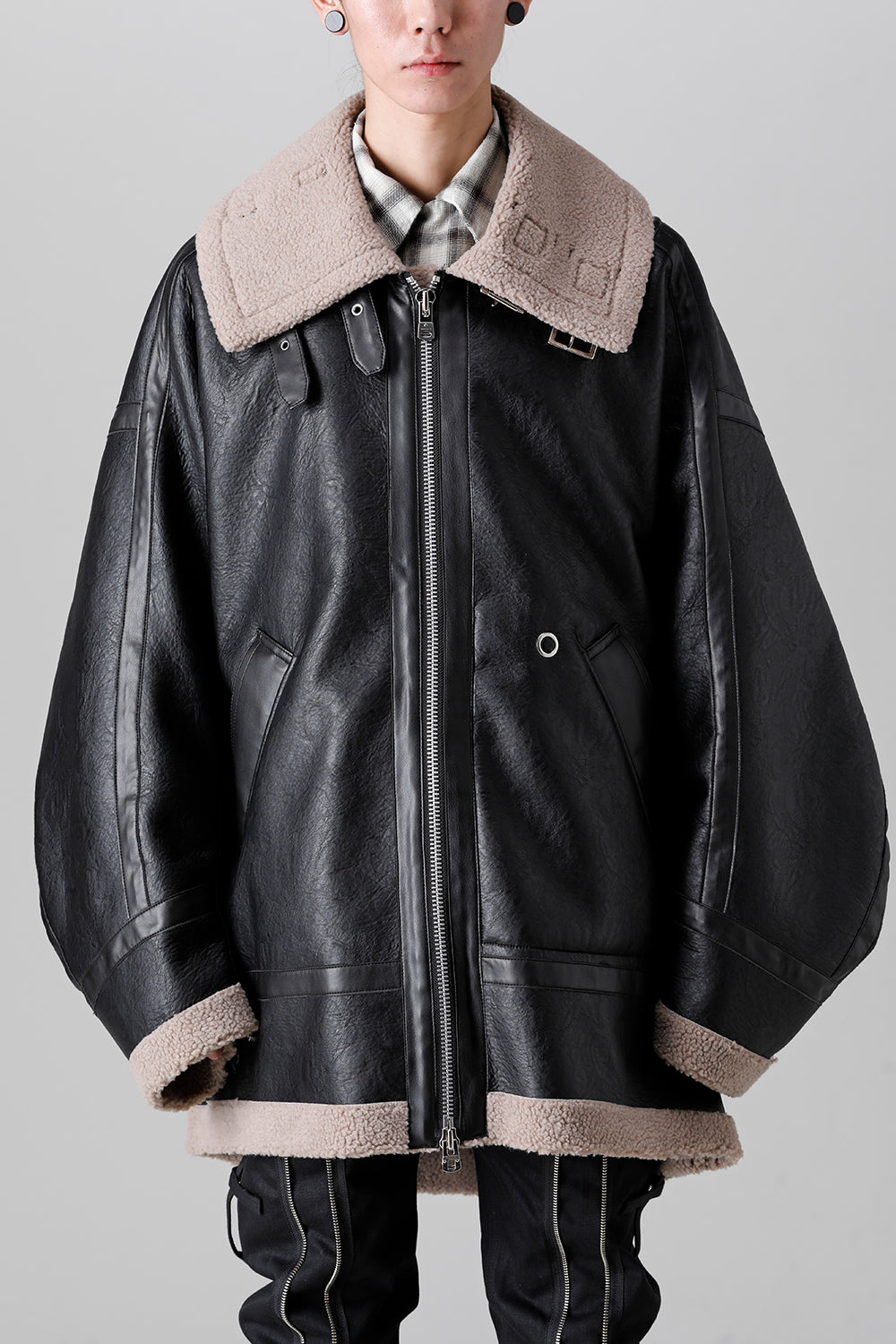 double zip balloon shaped faux mouton flight jacket