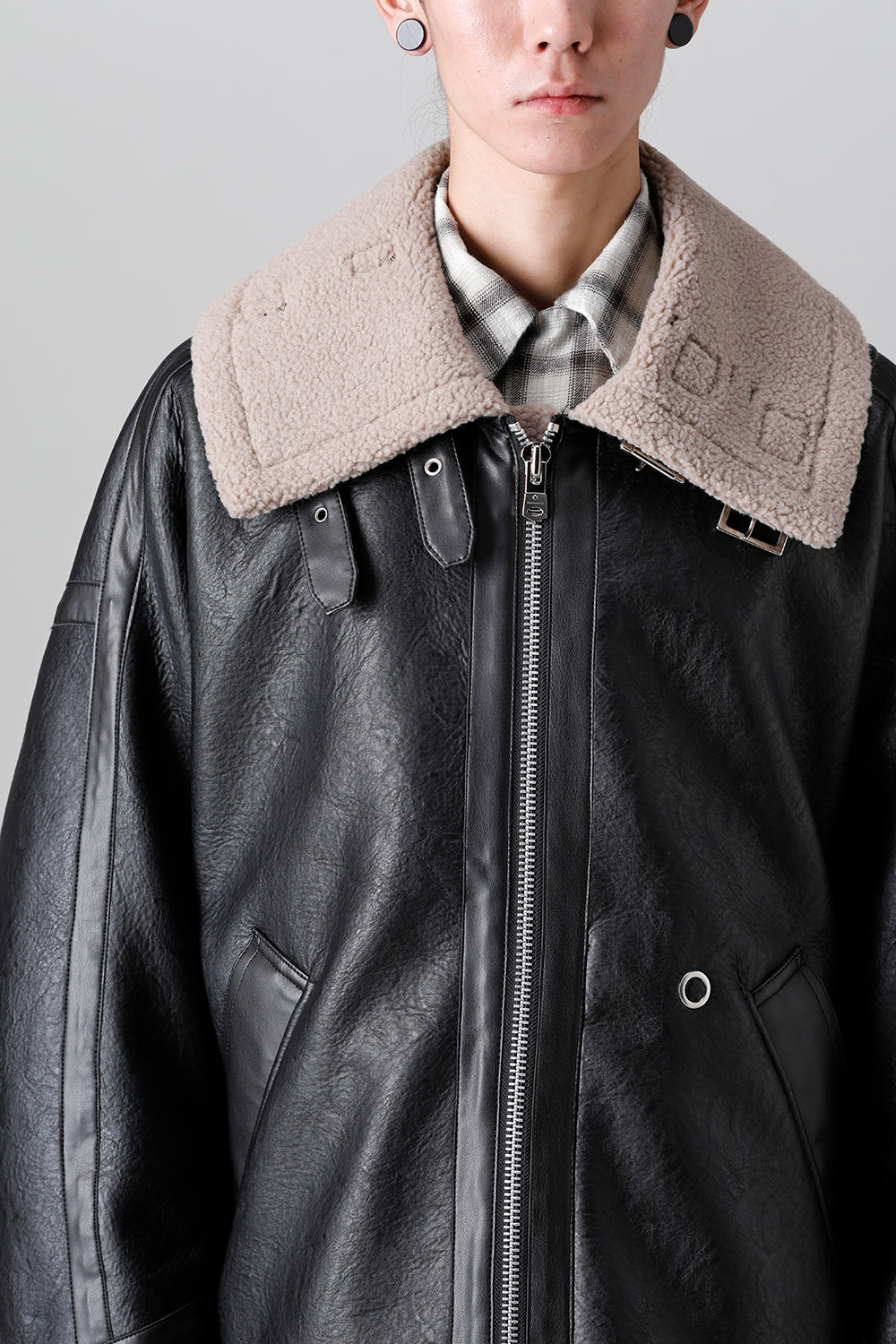 double zip balloon shaped faux mouton flight jacket