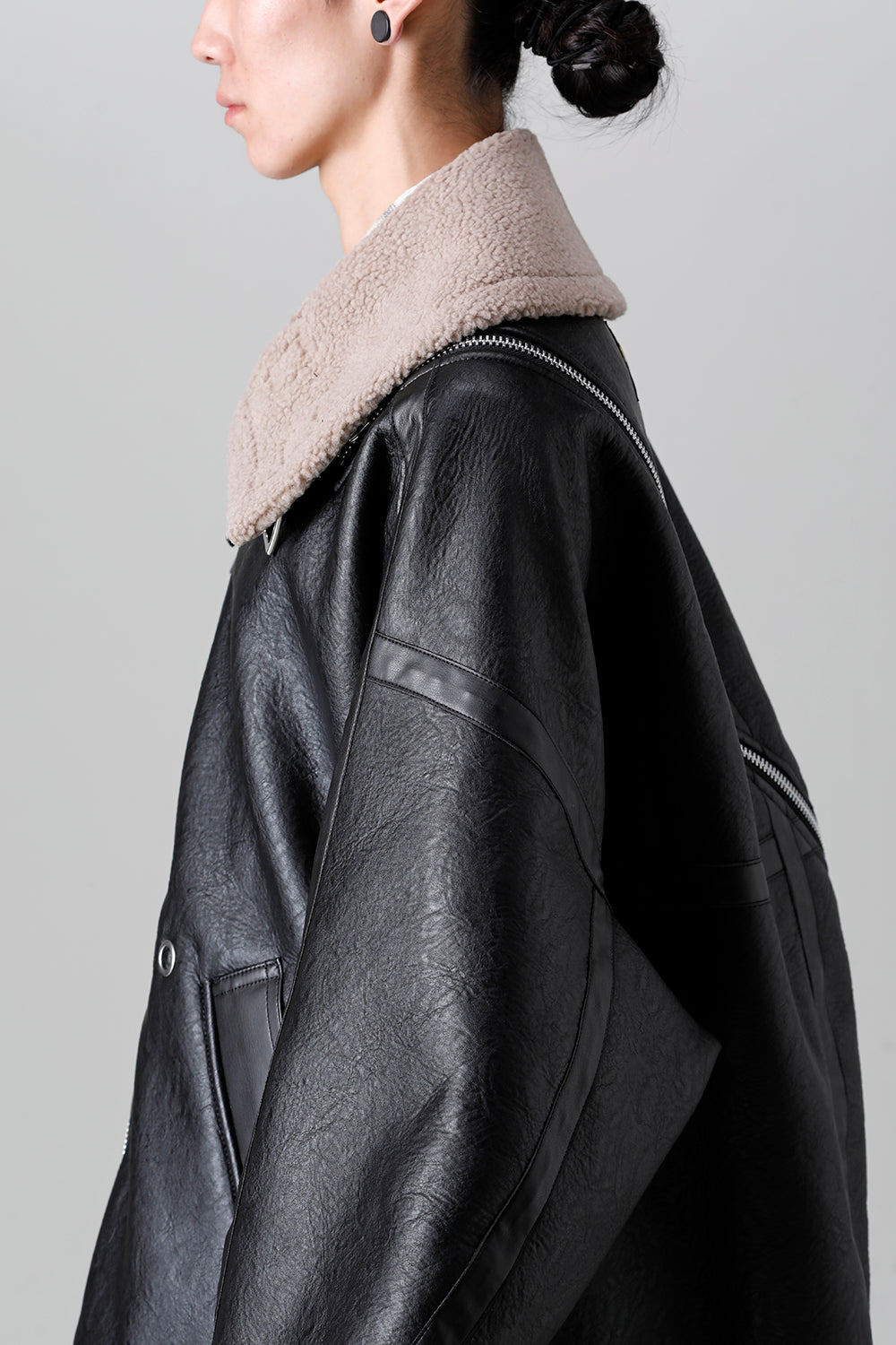 double zip balloon shaped faux mouton flight jacket