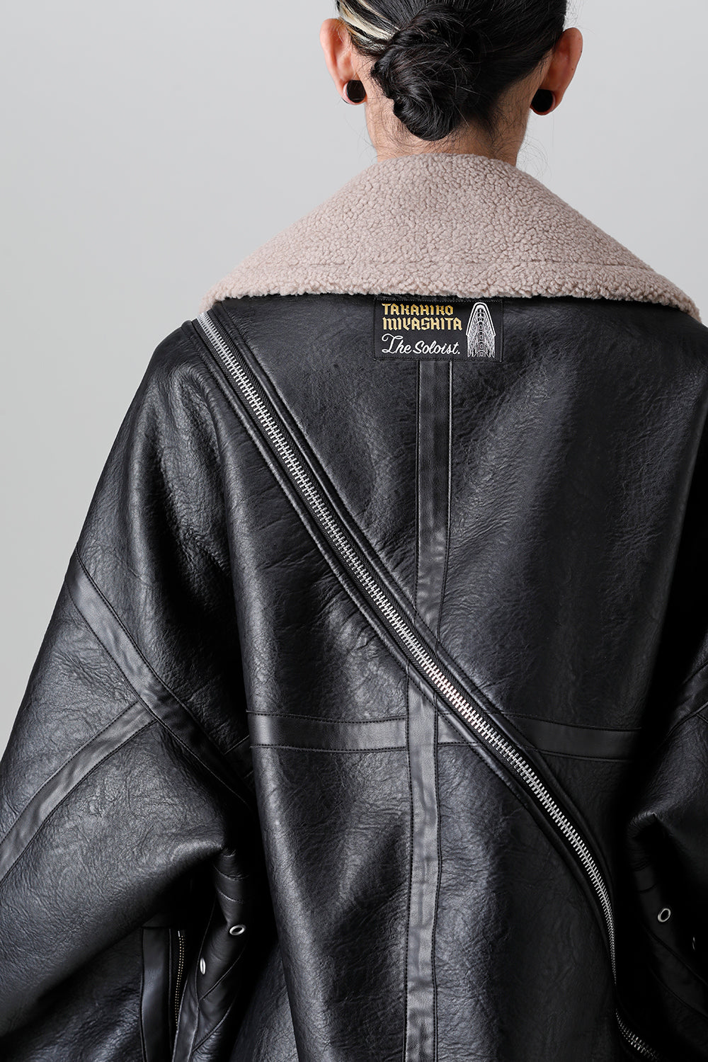 double zip balloon shaped faux mouton flight jacket