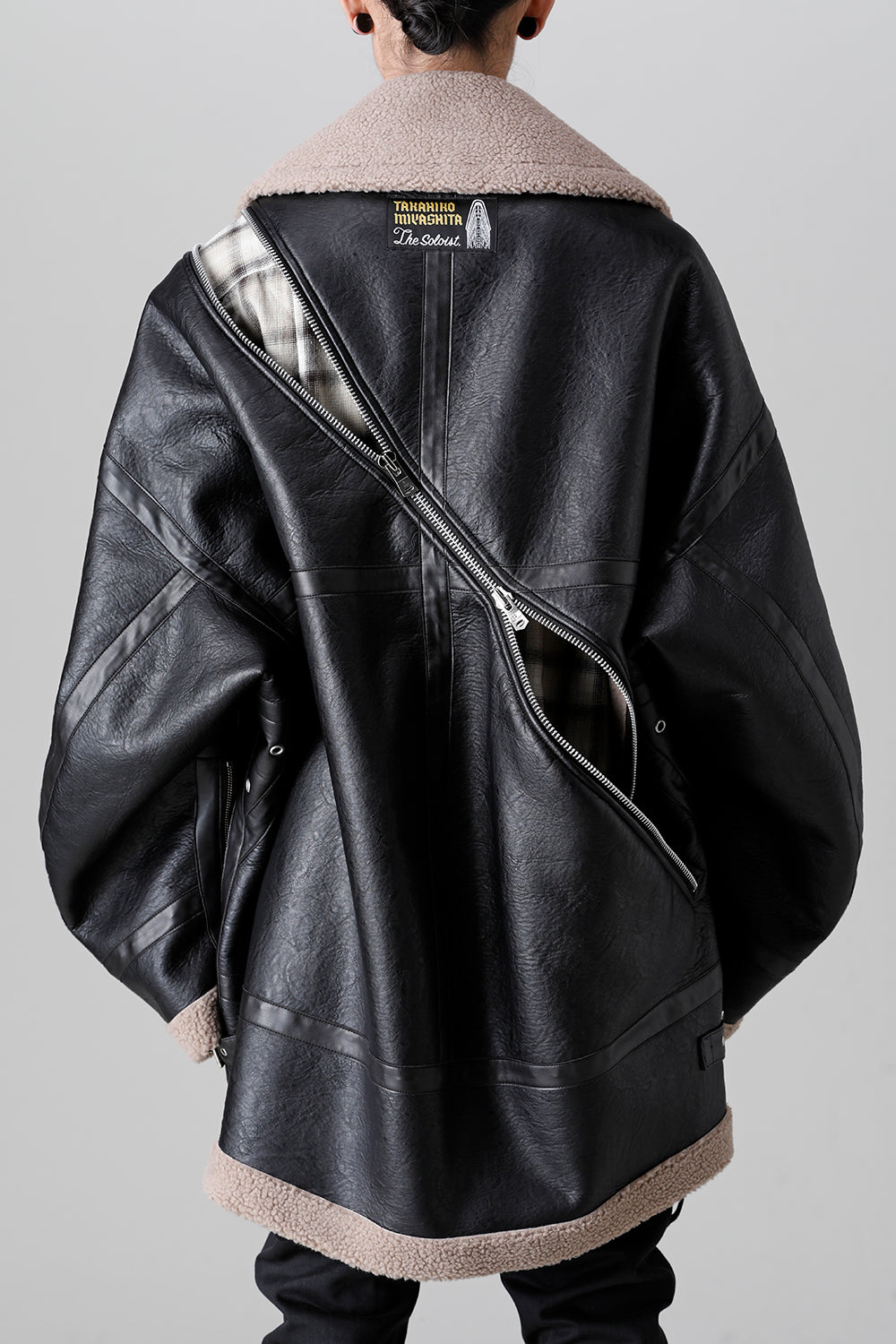 double zip balloon shaped faux mouton flight jacket