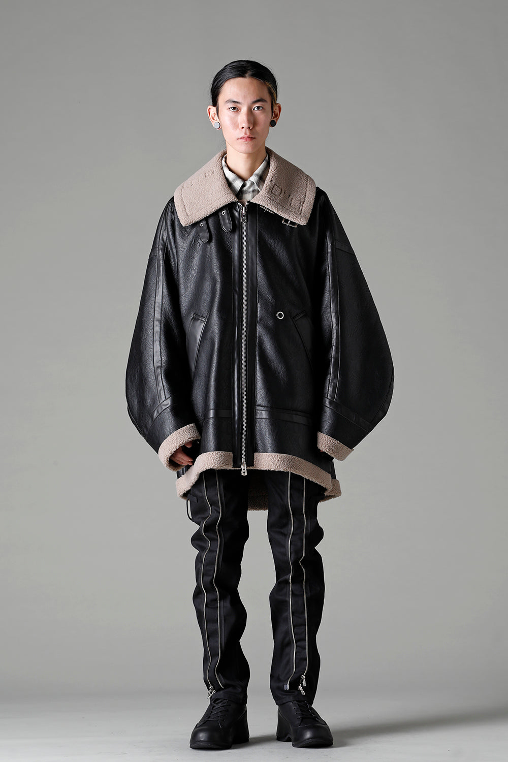 double zip balloon shaped faux mouton flight jacket