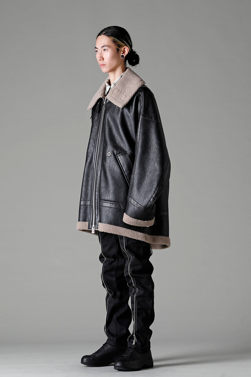 double zip balloon shaped faux mouton flight jacket