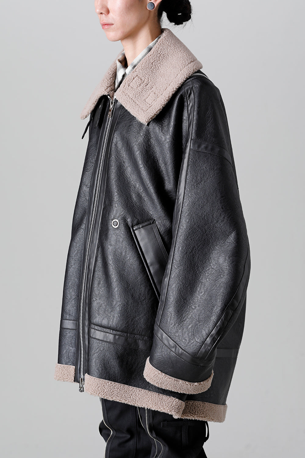 double zip balloon shaped faux mouton flight jacket