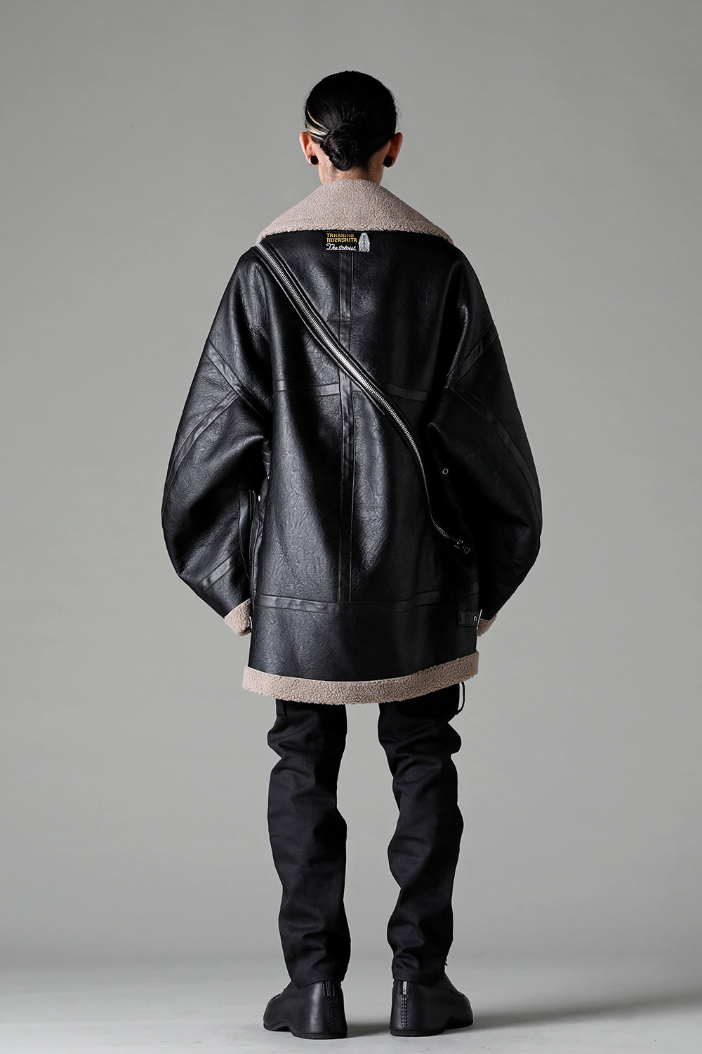 double zip balloon shaped faux mouton flight jacket