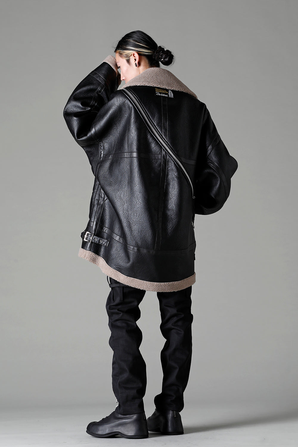 double zip balloon shaped faux mouton flight jacket