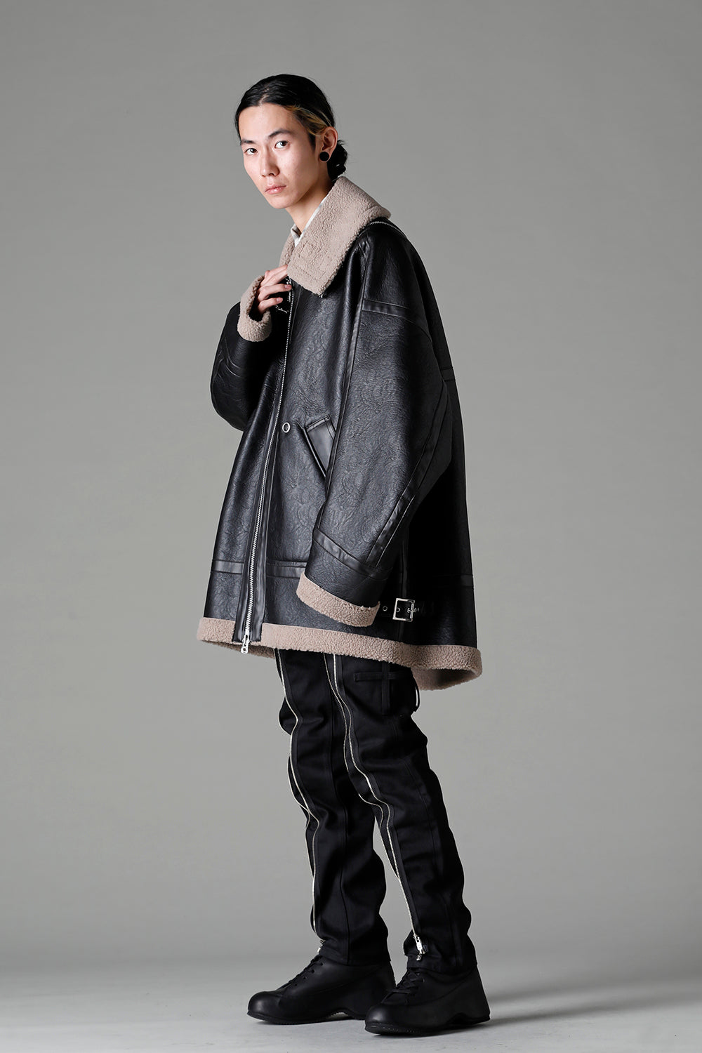 double zip balloon shaped faux mouton flight jacket