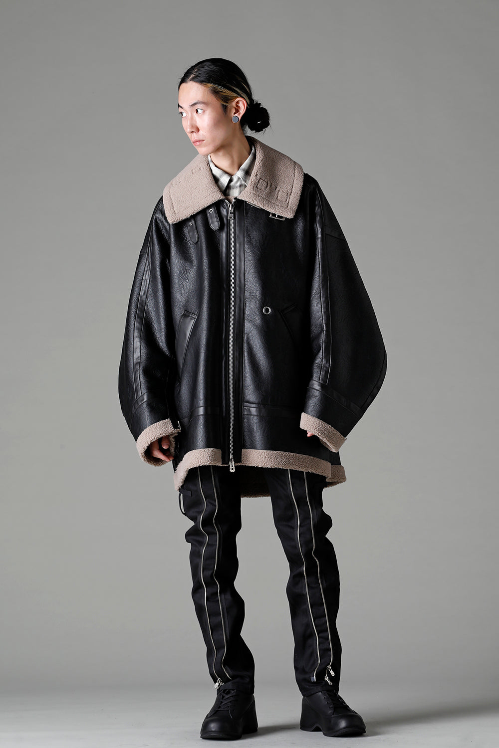 double zip balloon shaped faux mouton flight jacket