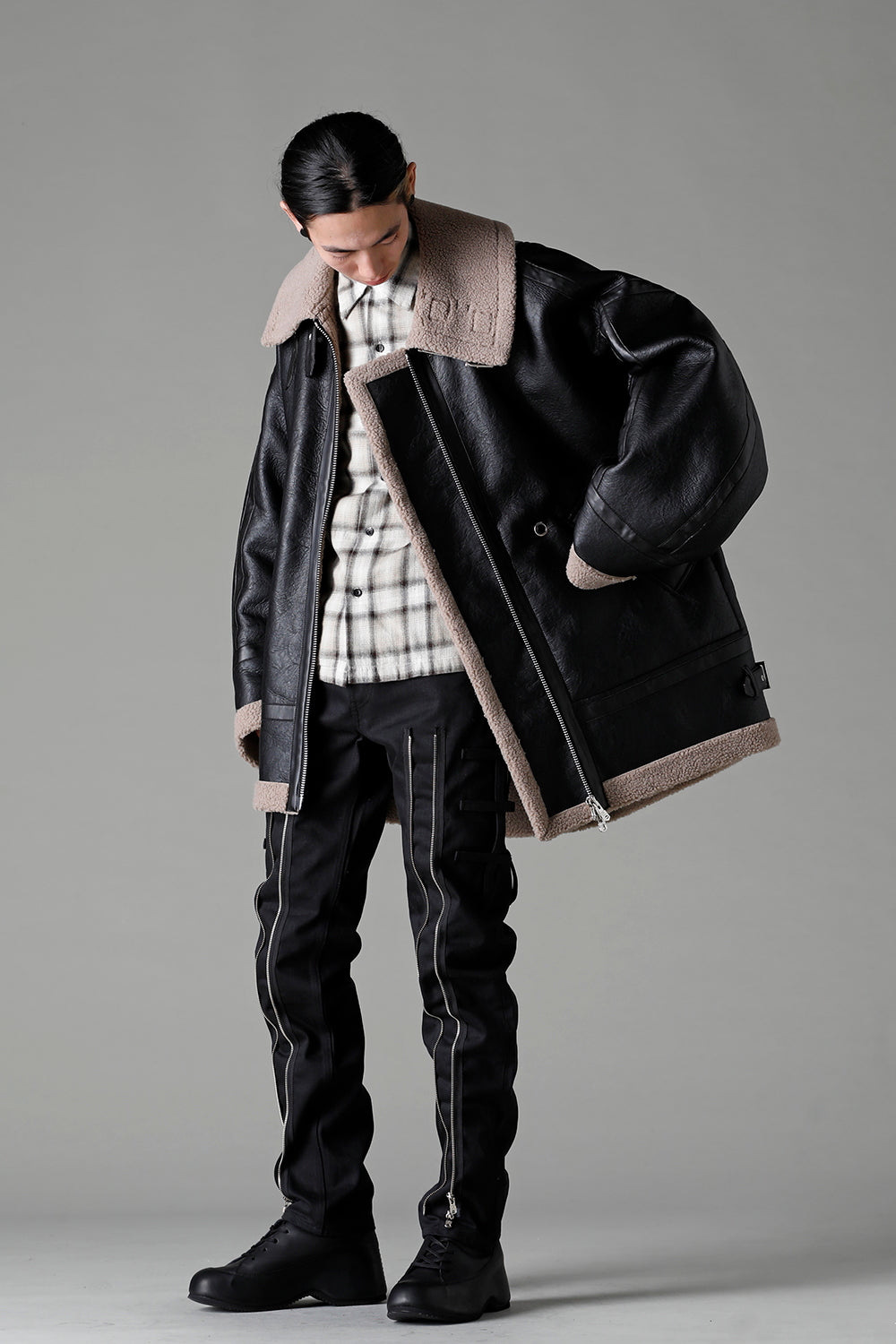 double zip balloon shaped faux mouton flight jacket