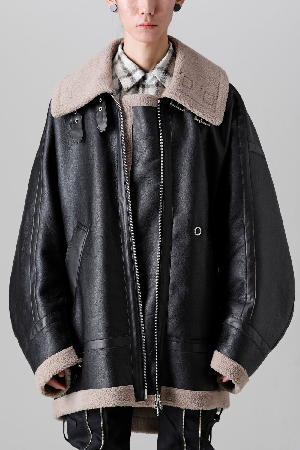 double zip balloon shaped faux mouton flight jacket