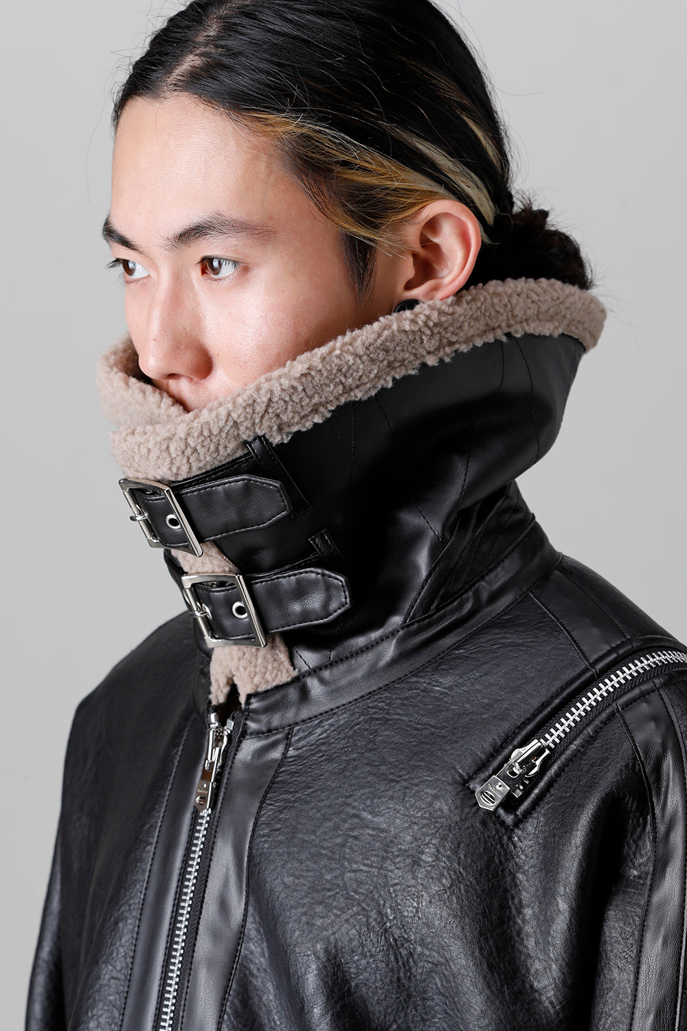 double zip balloon shaped faux mouton flight jacket