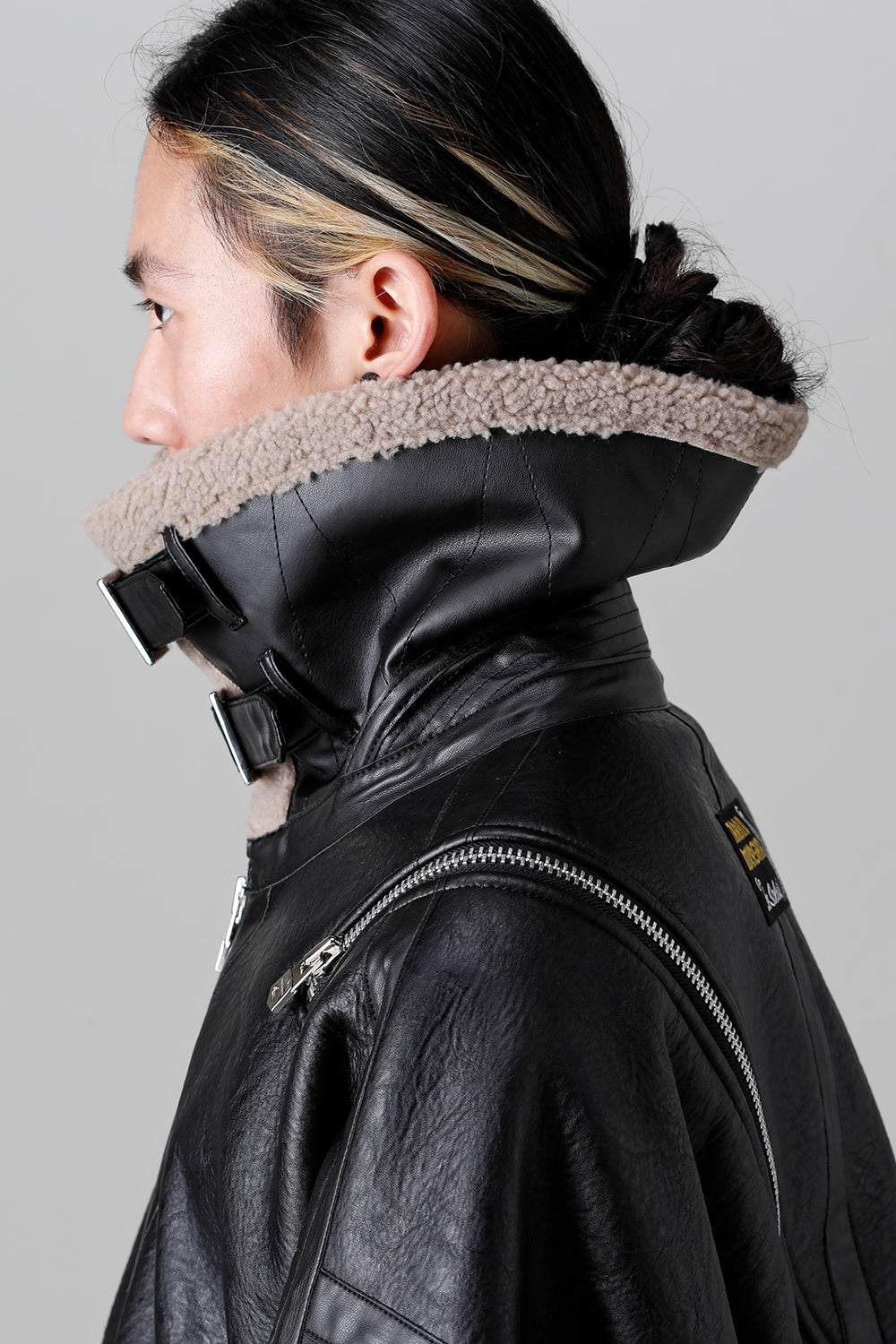 double zip balloon shaped faux mouton flight jacket