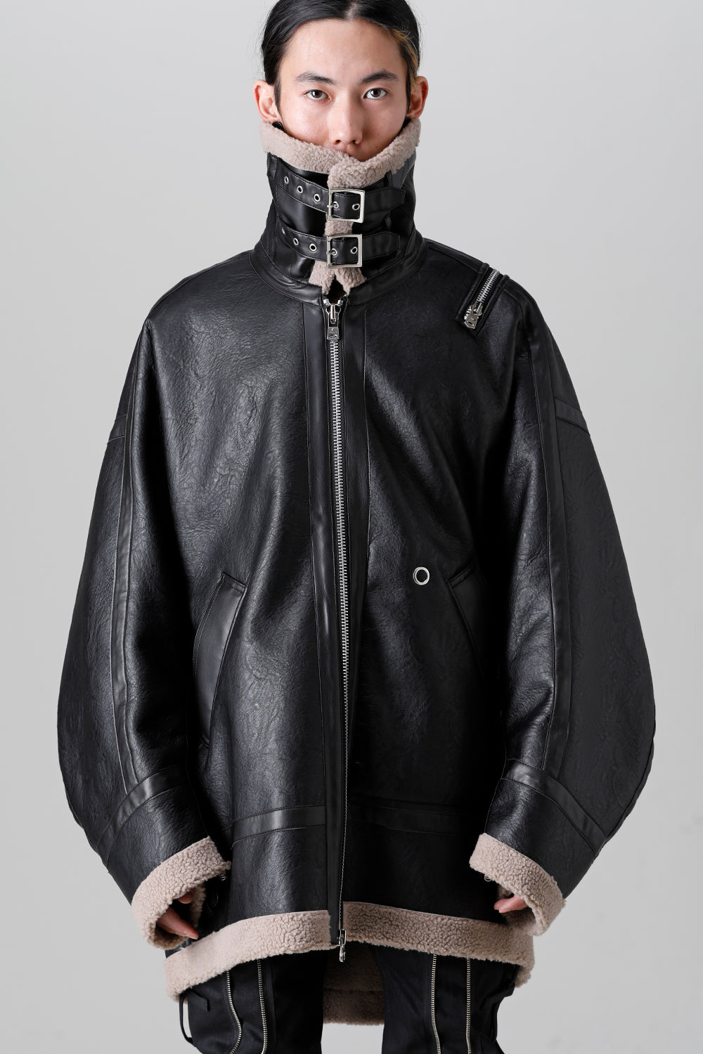 double zip balloon shaped faux mouton flight jacket