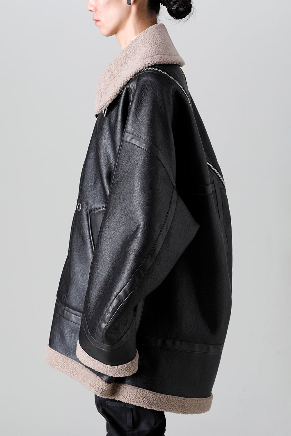 double zip balloon shaped faux mouton flight jacket