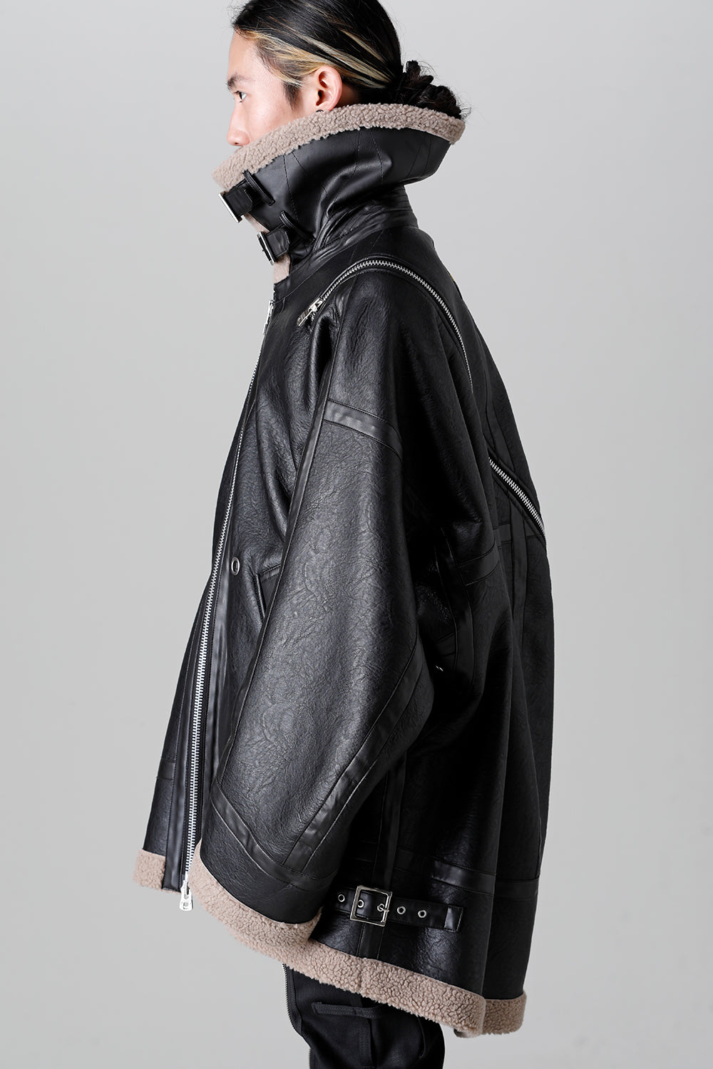 double zip balloon shaped faux mouton flight jacket