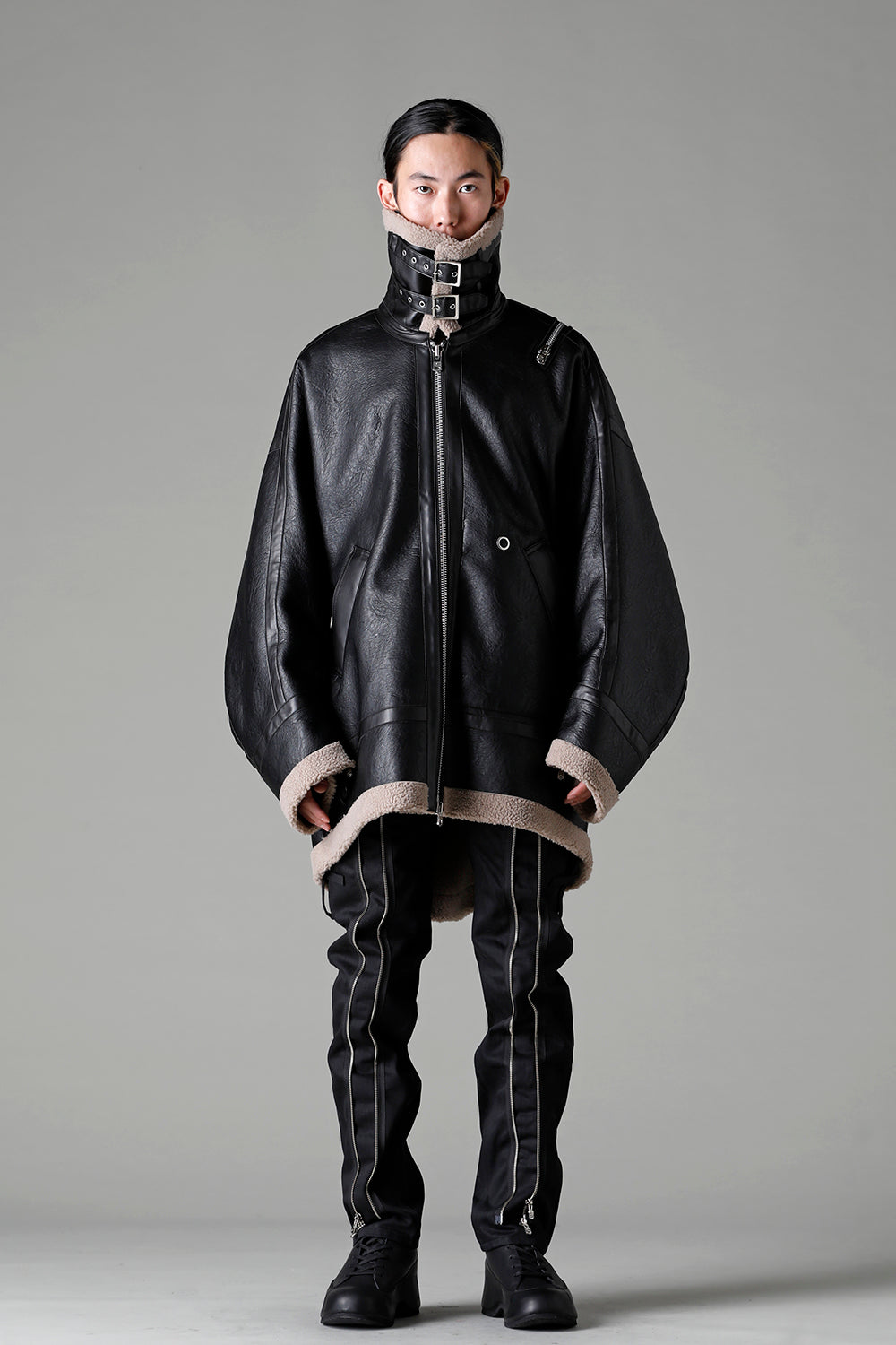 double zip balloon shaped faux mouton flight jacket