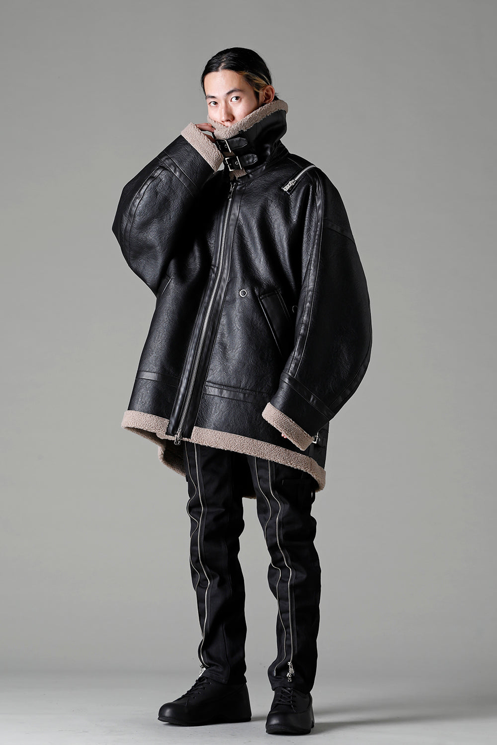 double zip balloon shaped faux mouton flight jacket