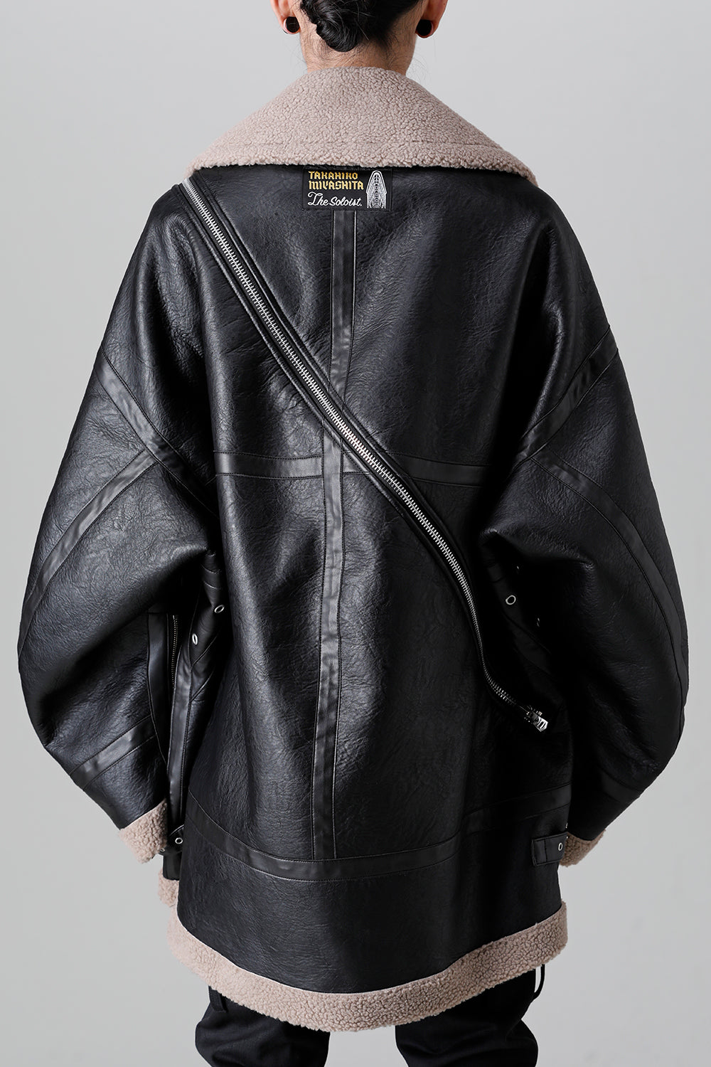 double zip balloon shaped faux mouton flight jacket