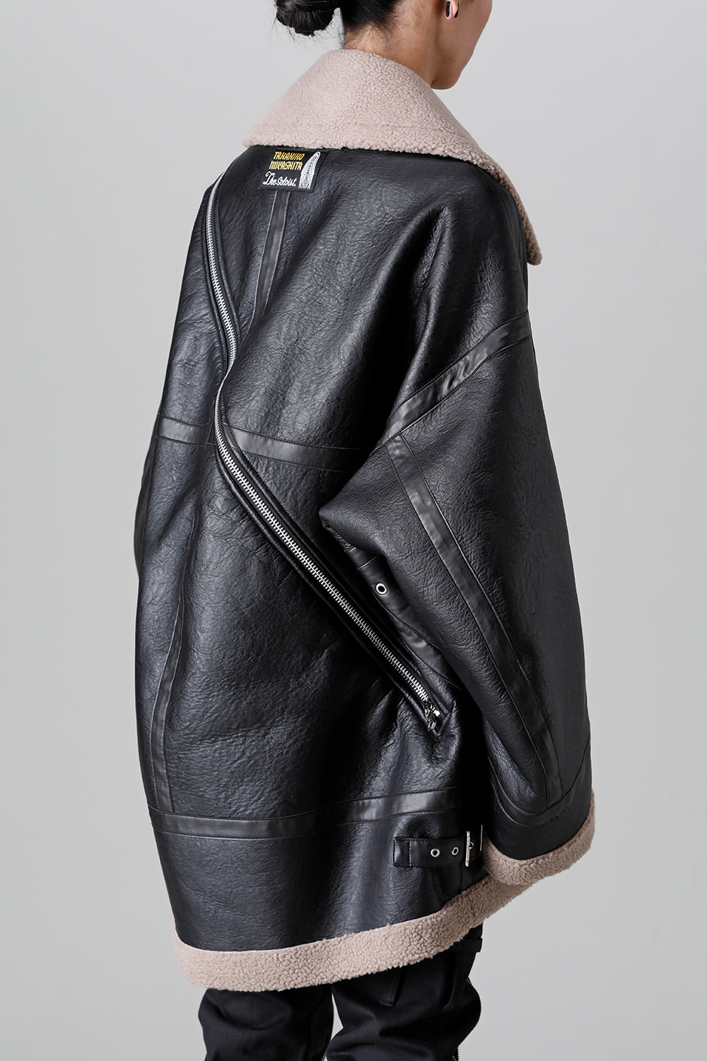 double zip balloon shaped faux mouton flight jacket