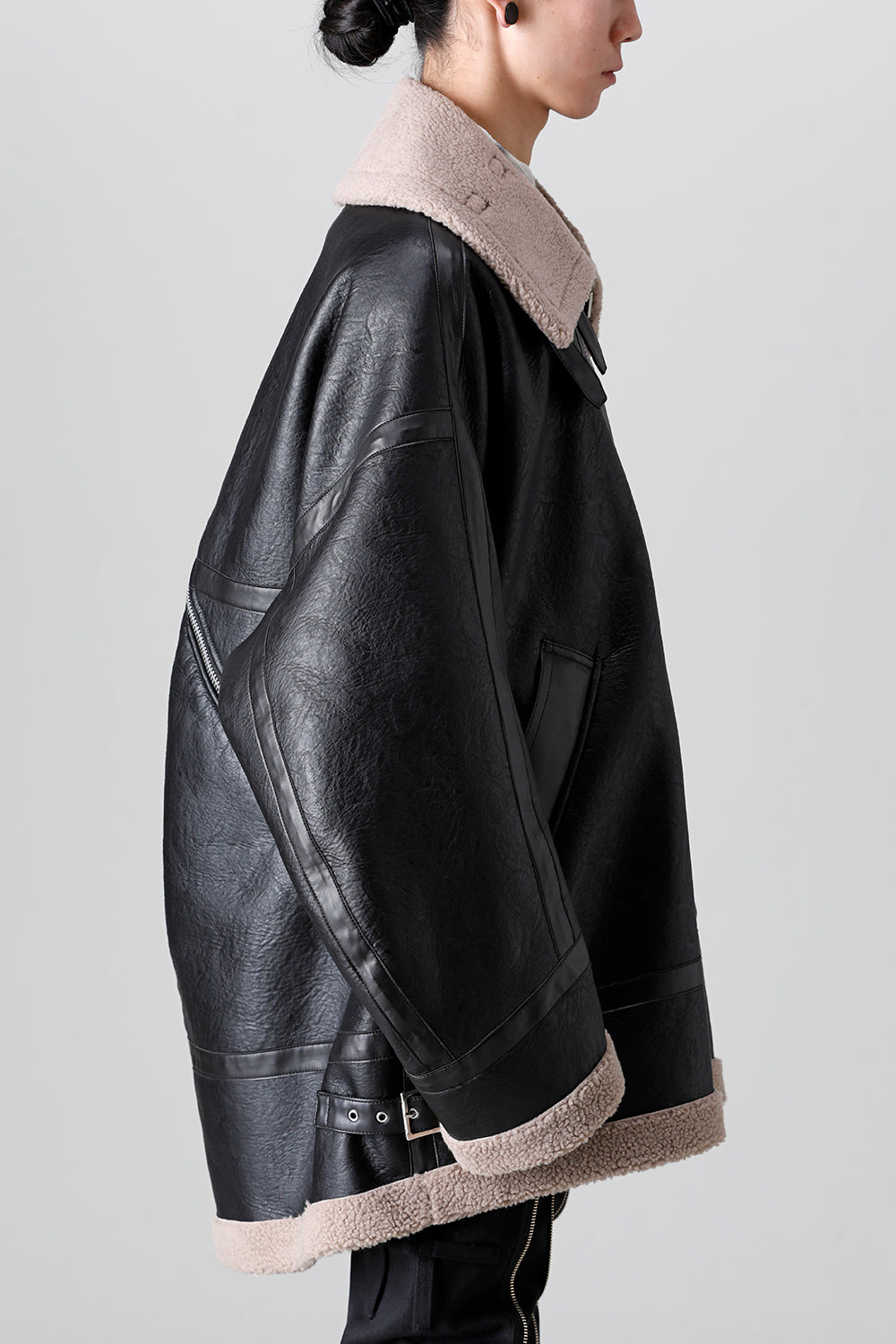 double zip balloon shaped faux mouton flight jacket