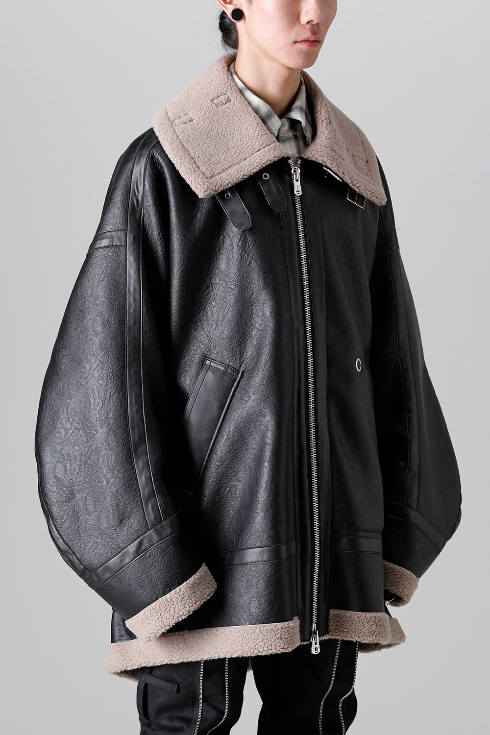 double zip balloon shaped faux mouton flight jacket