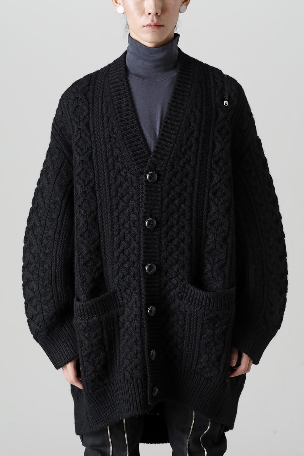 double zip balloon shaped aran pattern cardigan Black