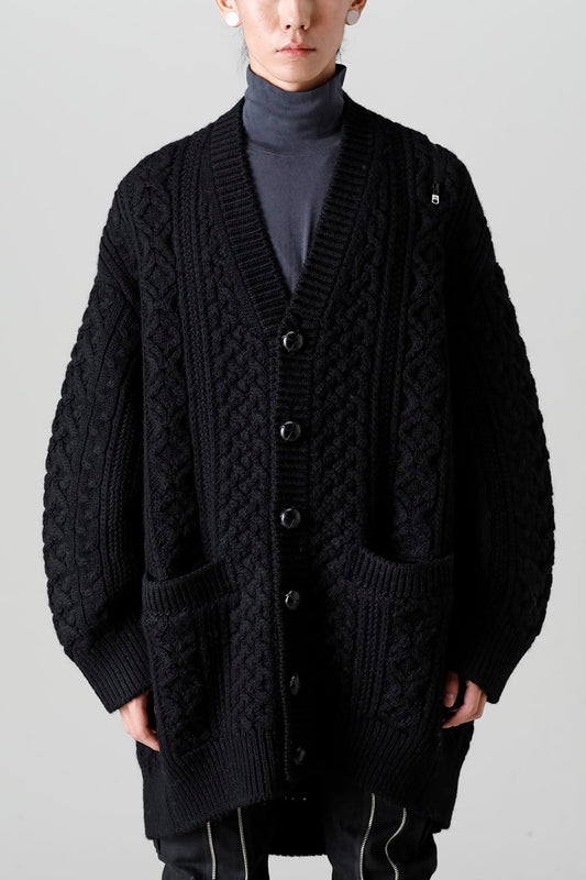double zip balloon shaped aran pattern cardigan Black
