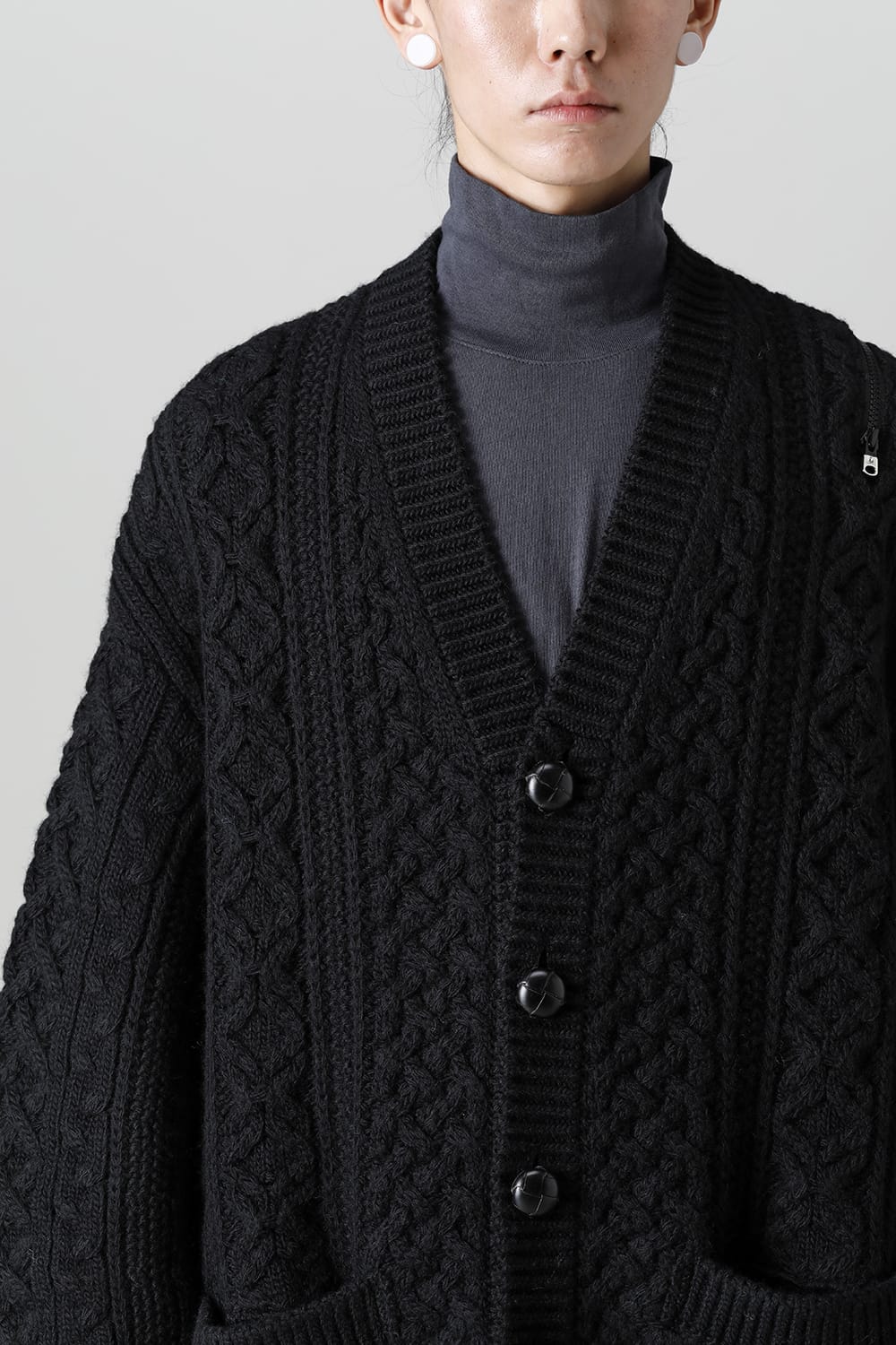 double zip balloon shaped aran pattern cardigan Black