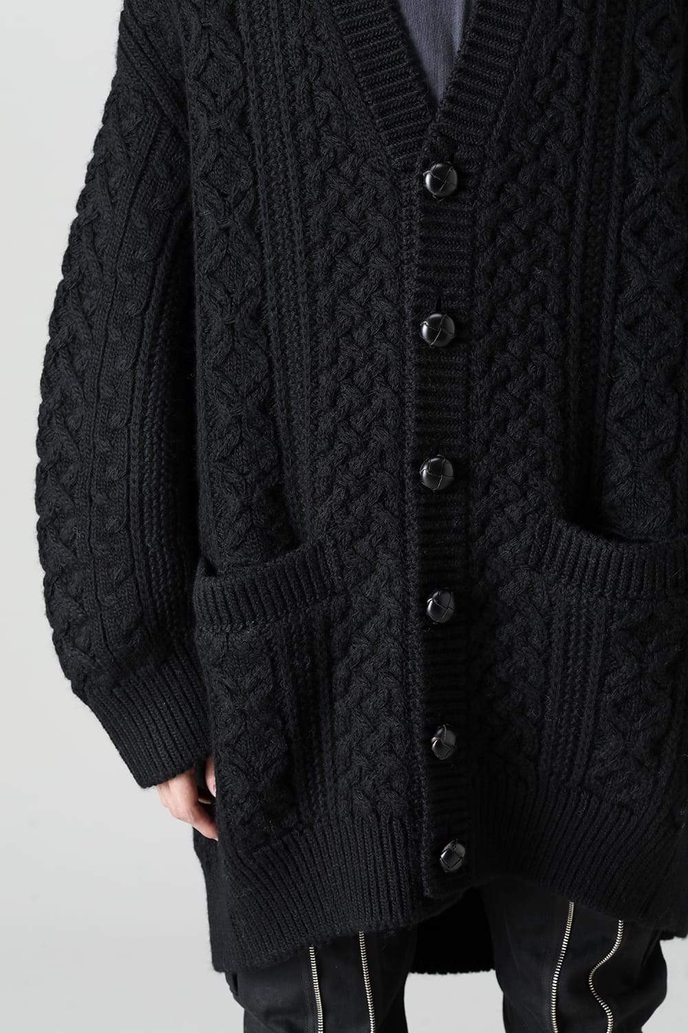 double zip balloon shaped aran pattern cardigan Black