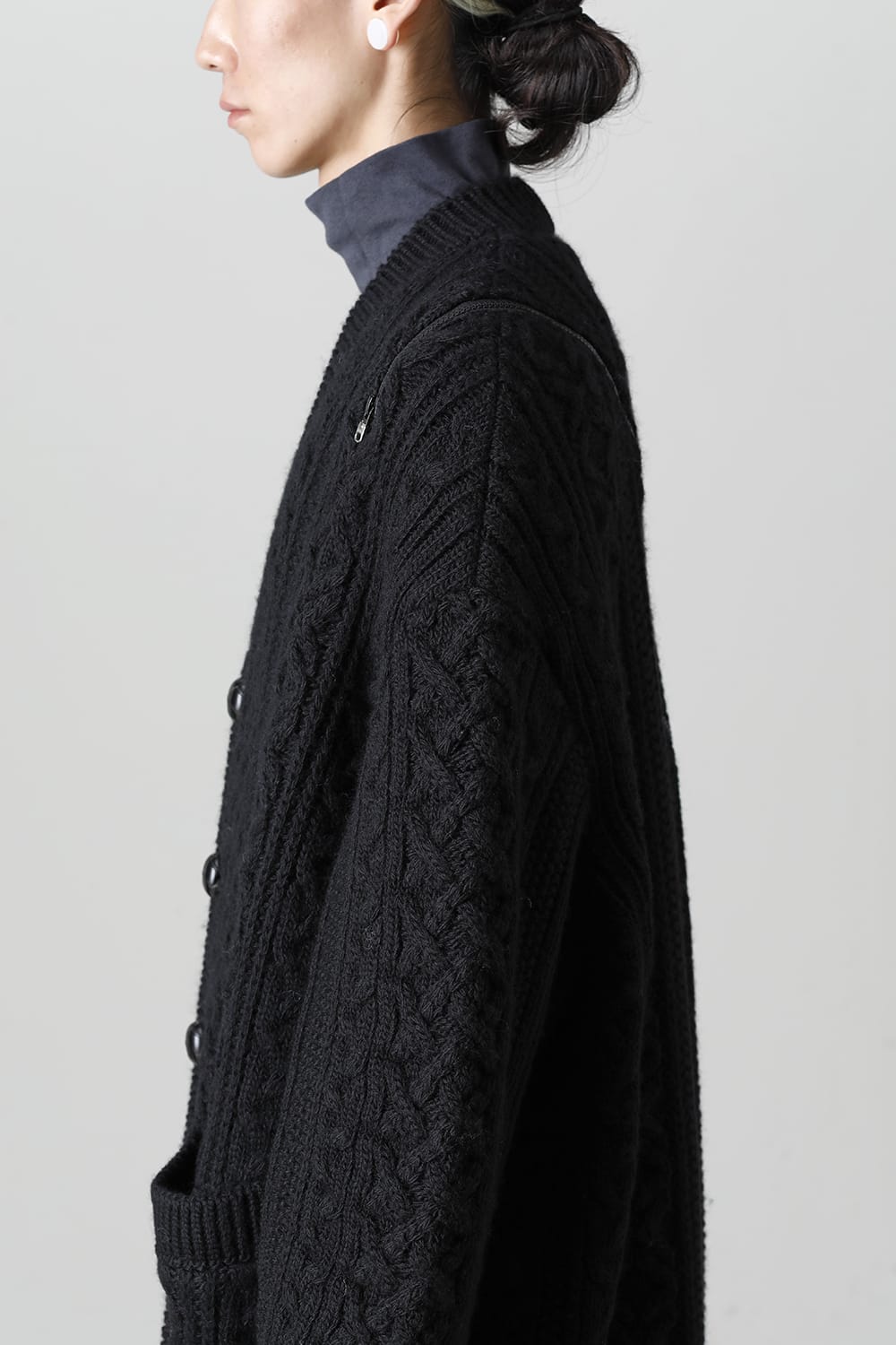 double zip balloon shaped aran pattern cardigan Black