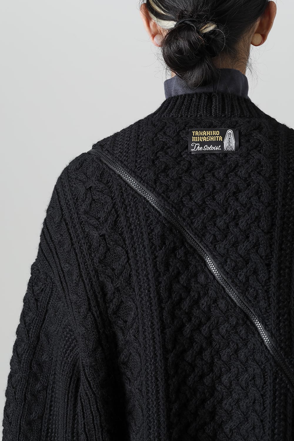 double zip balloon shaped aran pattern cardigan Black