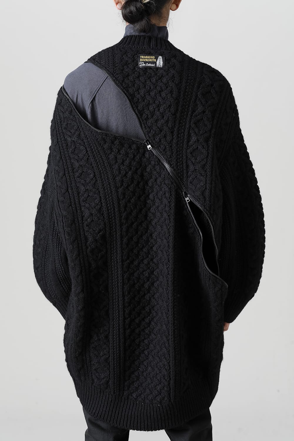 double zip balloon shaped aran pattern cardigan Black