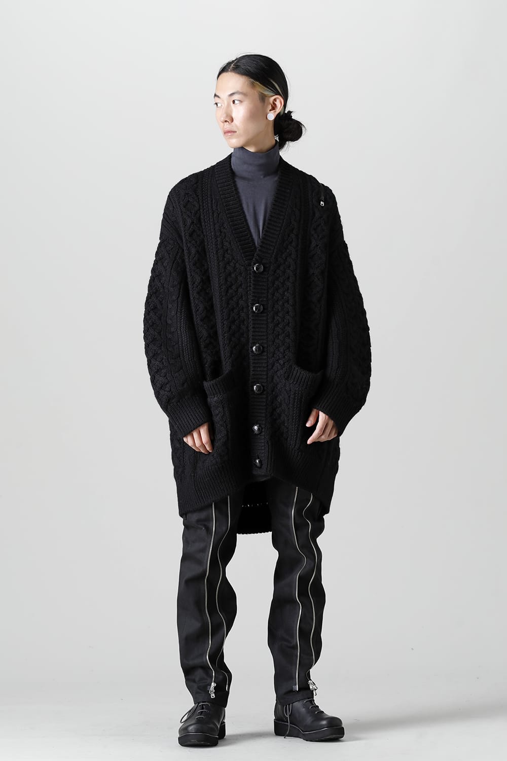 double zip balloon shaped aran pattern cardigan Black
