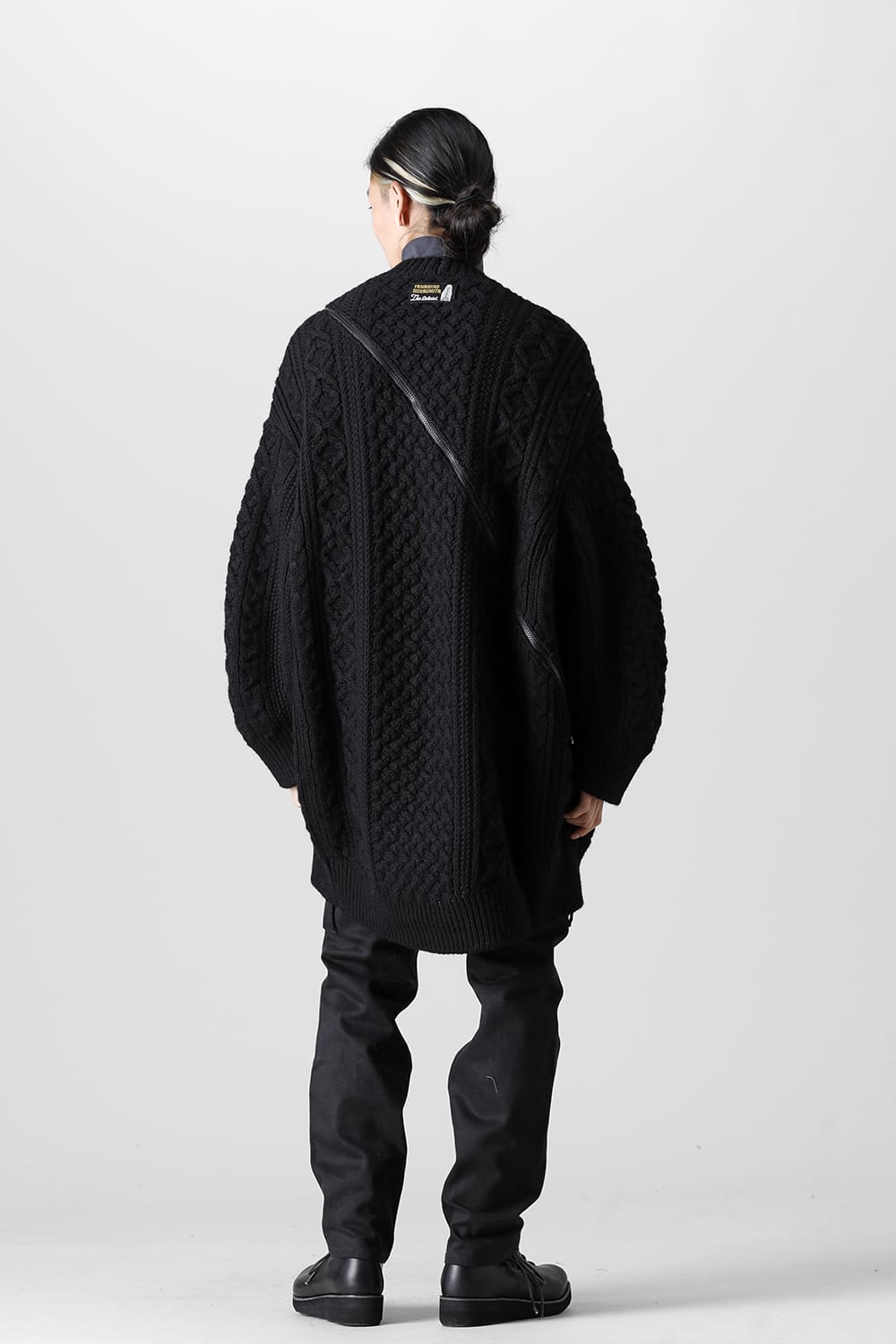 double zip balloon shaped aran pattern cardigan Black