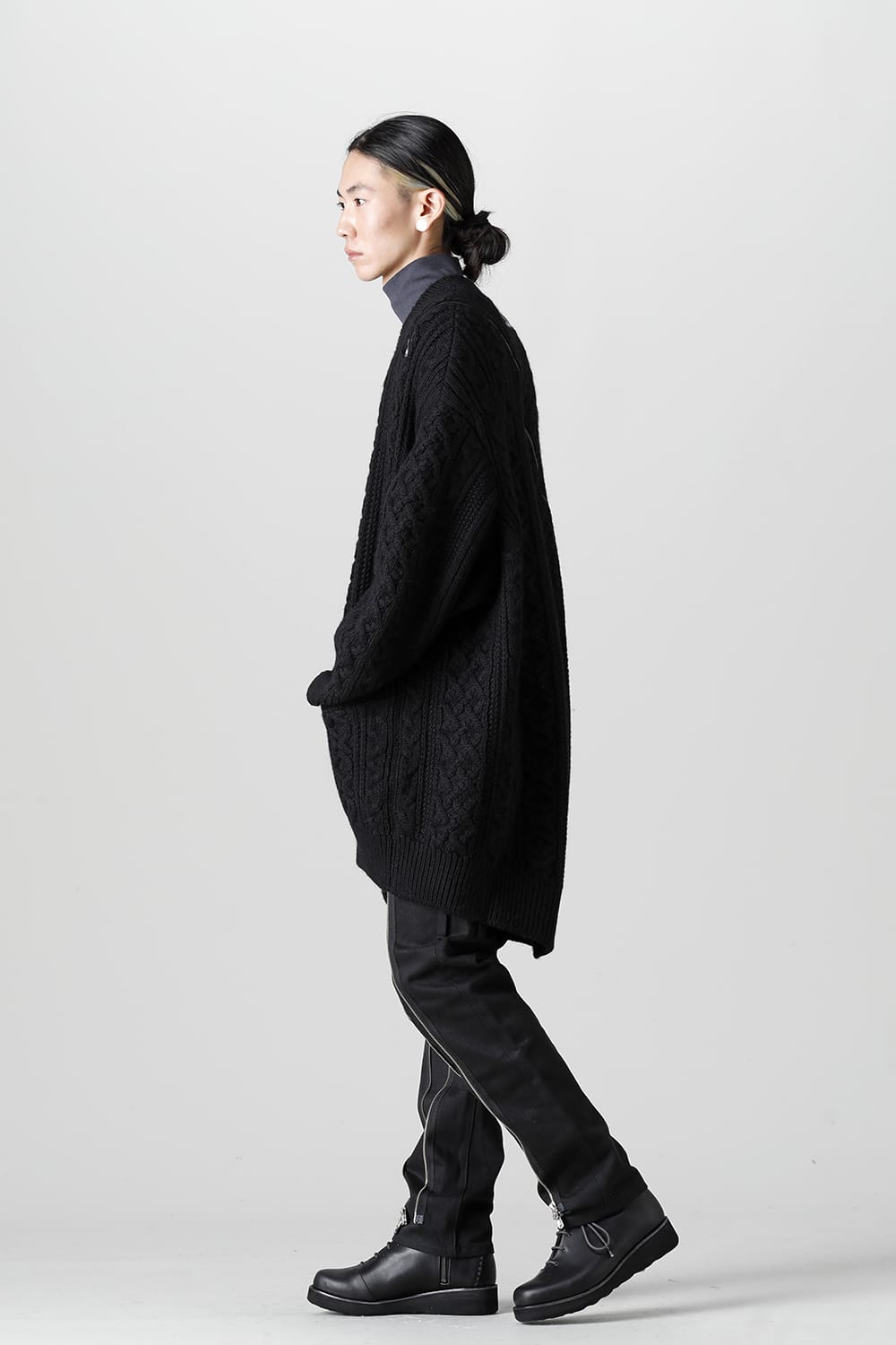 double zip balloon shaped aran pattern cardigan Black