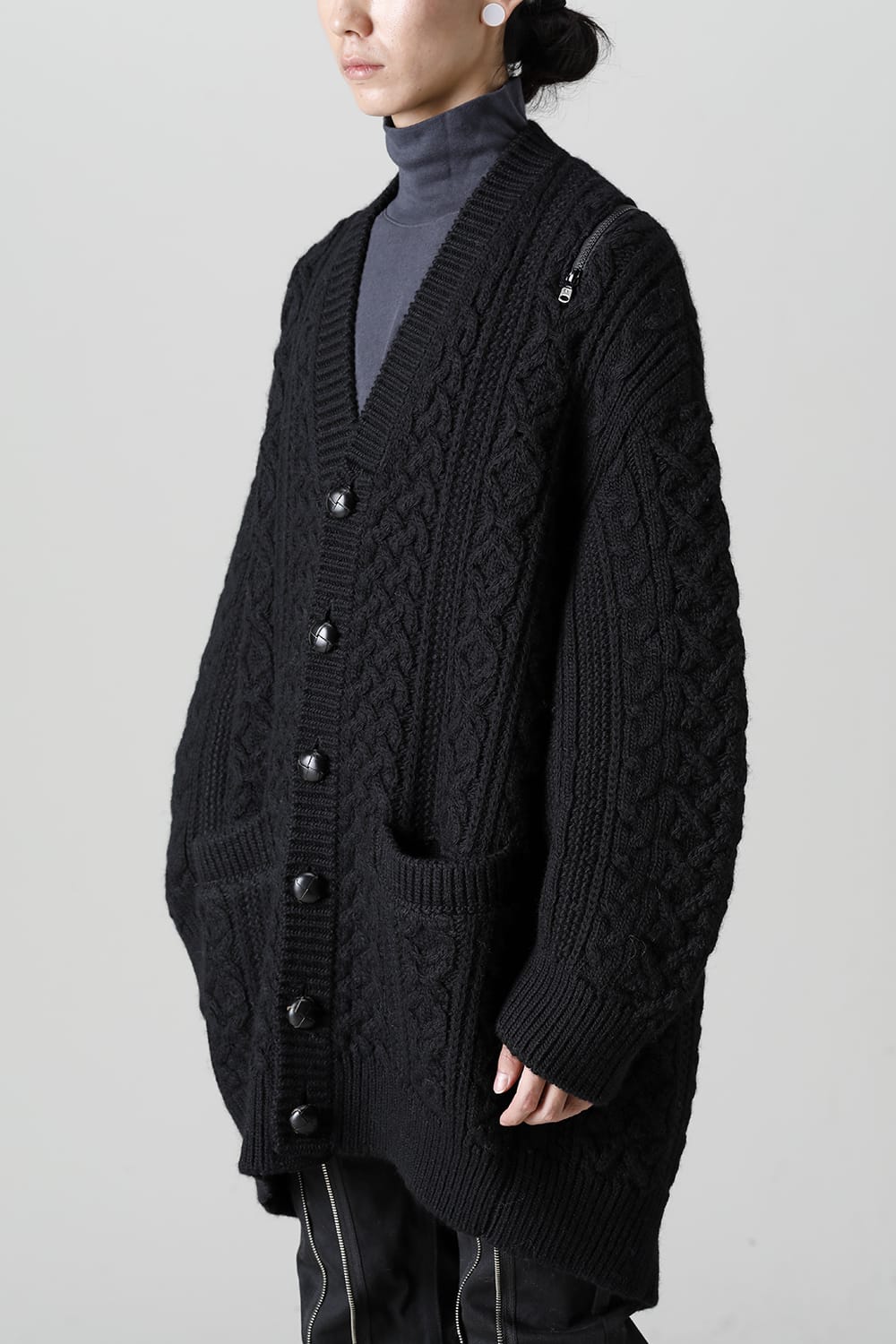 double zip balloon shaped aran pattern cardigan Black