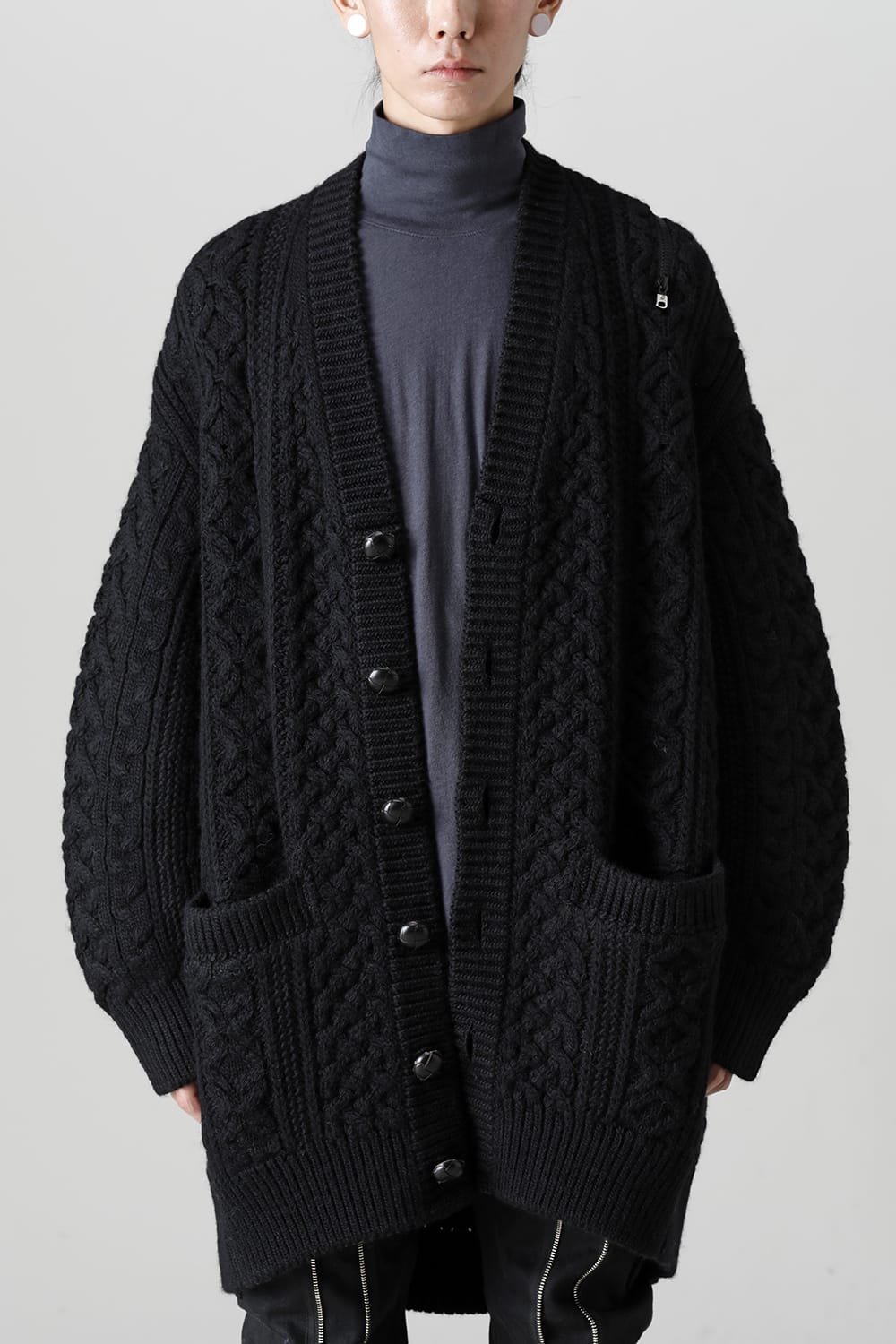 double zip balloon shaped aran pattern cardigan Black