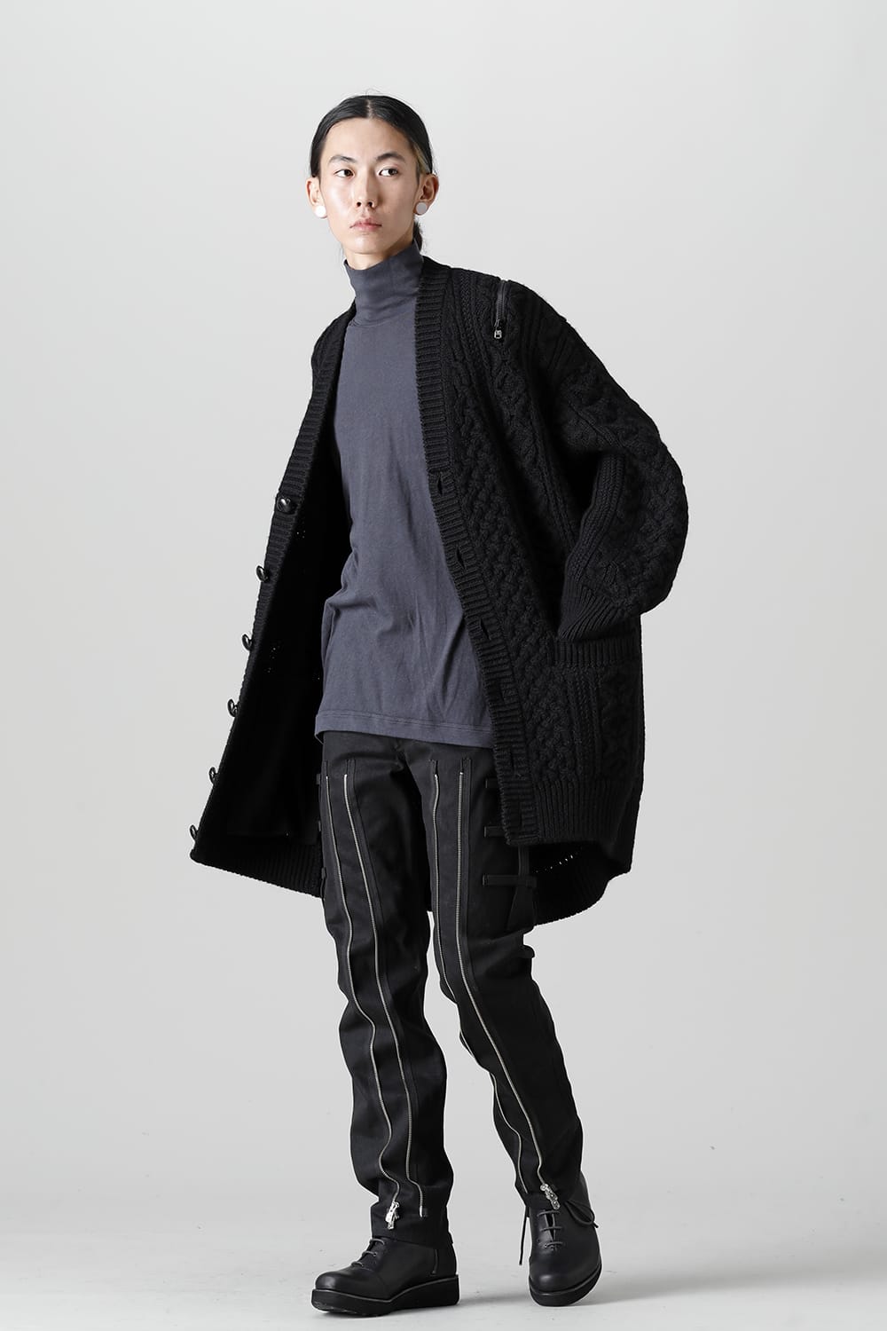 double zip balloon shaped aran pattern cardigan Black