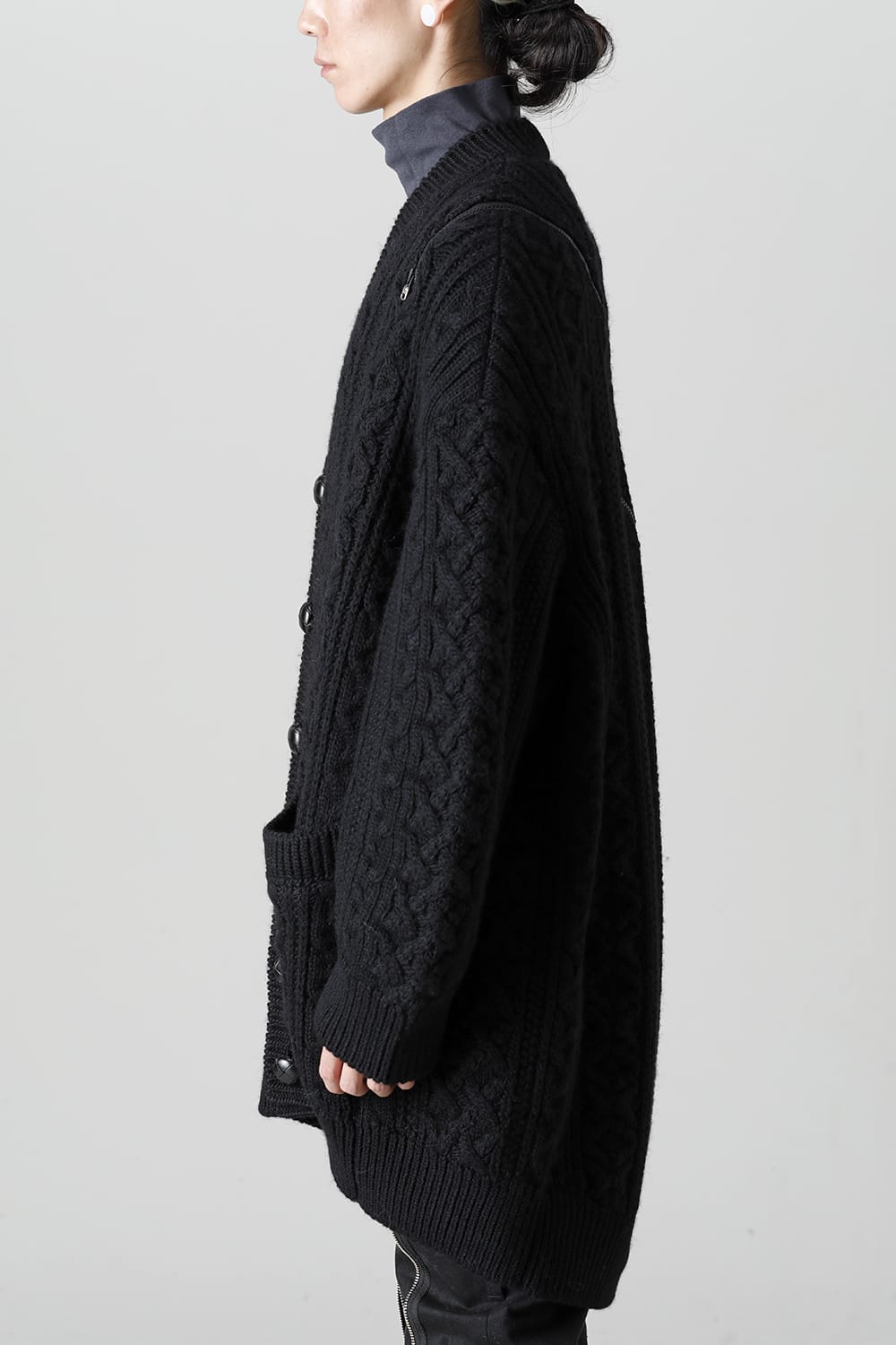 double zip balloon shaped aran pattern cardigan Black