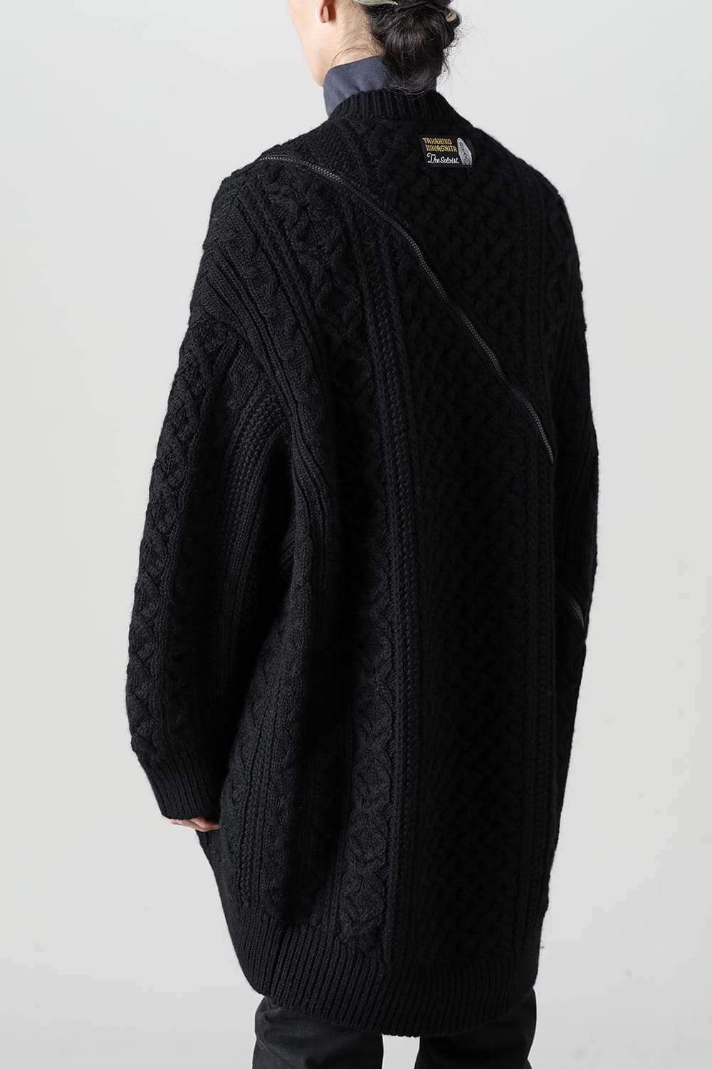 double zip balloon shaped aran pattern cardigan Black